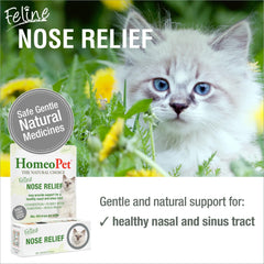 HomeoPet Feline Nose Relief bottle close-up shows liquid formula for sinus support.