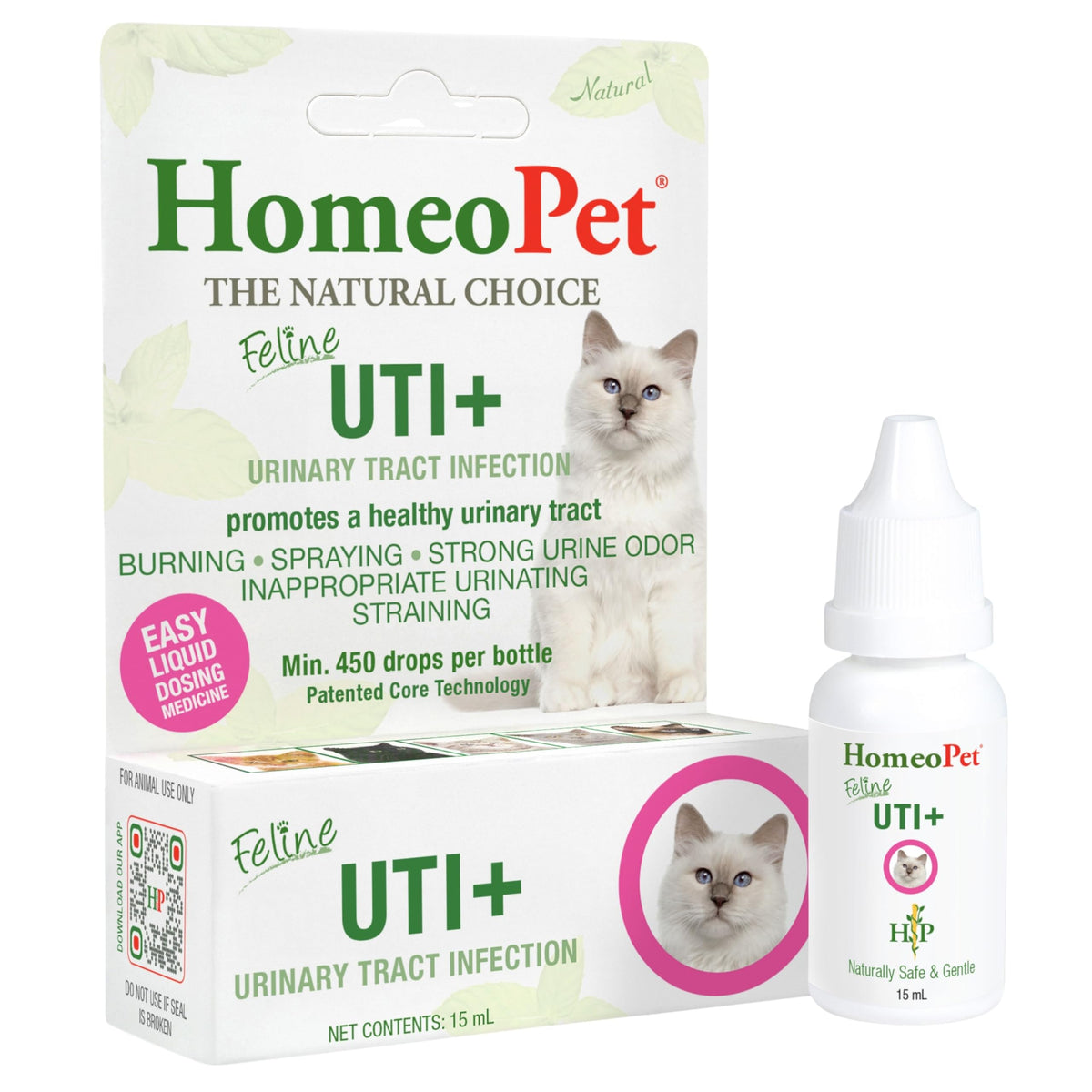 HomeoPet Feline UTI+ bottle showing natural urinary support for cats.