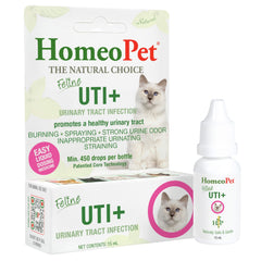 HomeoPet Feline UTI+ bottle showing natural urinary support for cats.
