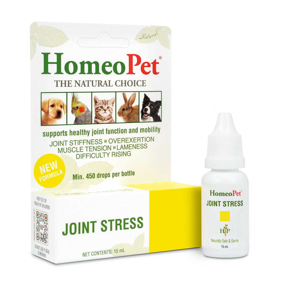 HomeoPet Joint Stress bottle for natural pet joint support.