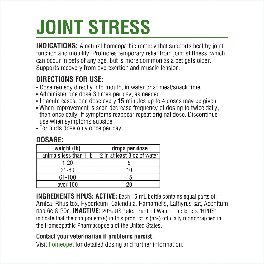 All-ages safe Joint Stress formula designed for diverse pets.