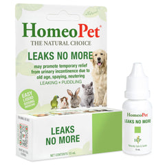 HomeoPet Leaks No More bottle pour for easy pet dosing.