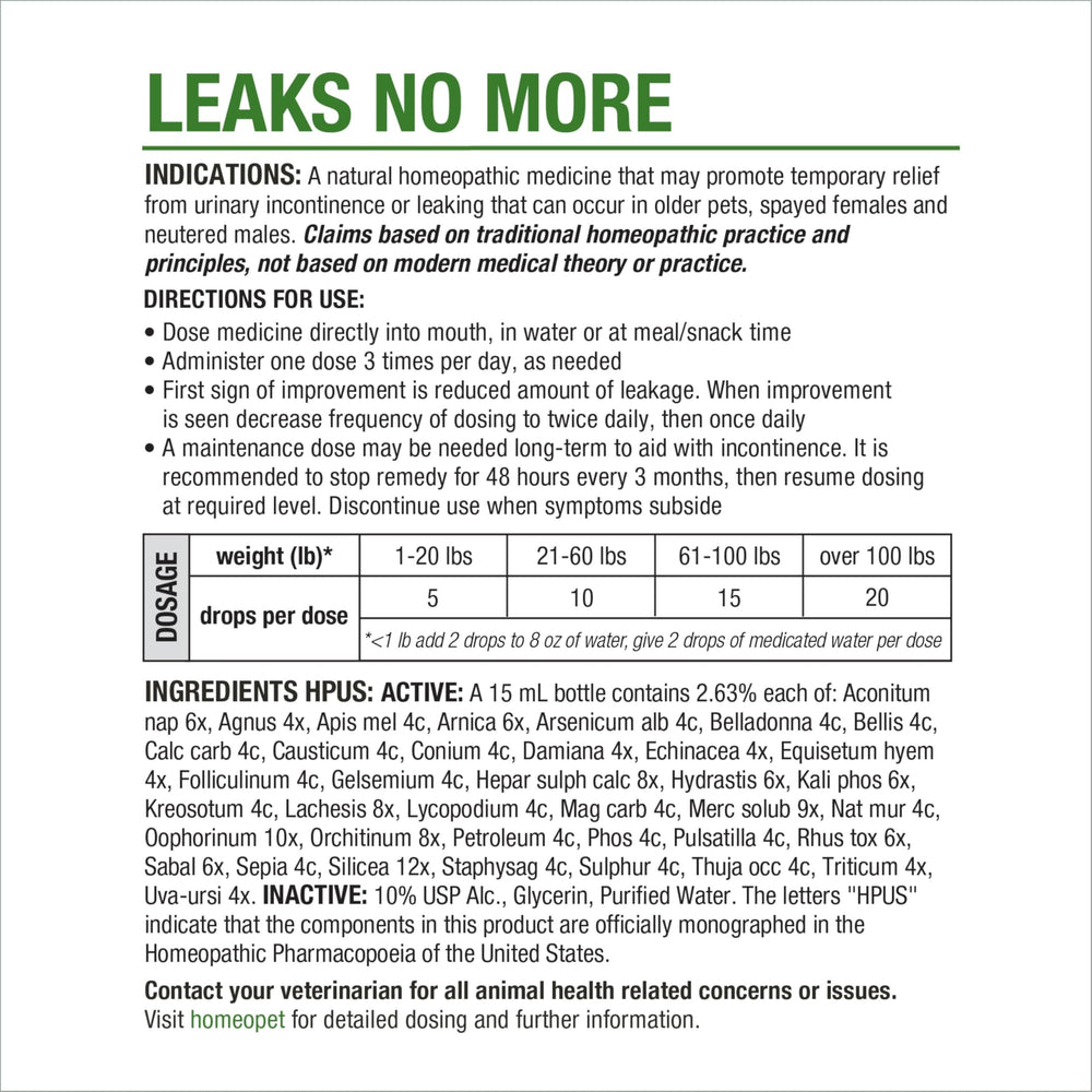 HomeoPet Leaks No More dosing guide image emphasizes three daily doses.