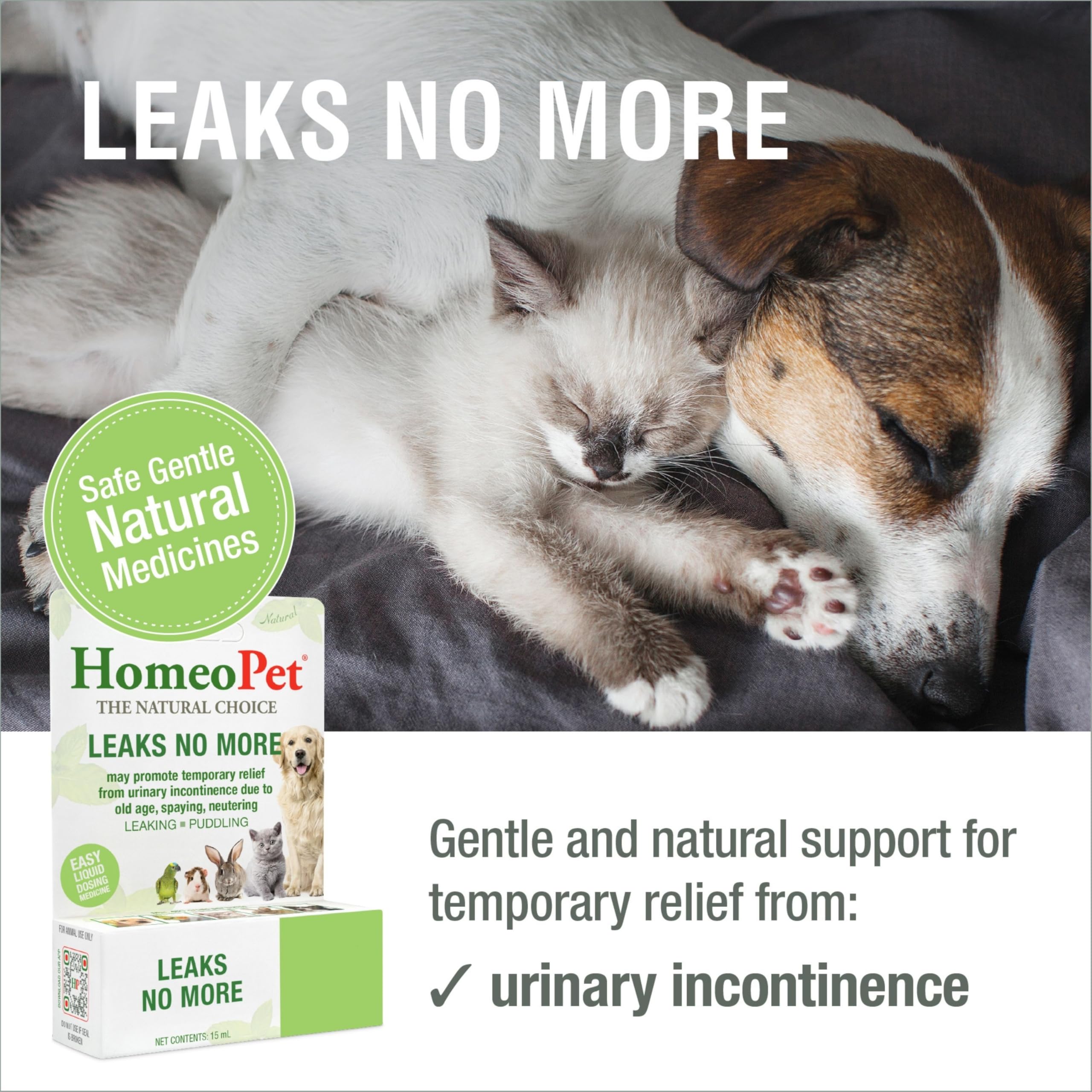 HomeoPet Leaks No More label closeup shows ingredients and usage guidance.