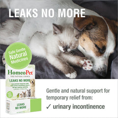 HomeoPet Leaks No More label closeup shows ingredients and usage guidance.