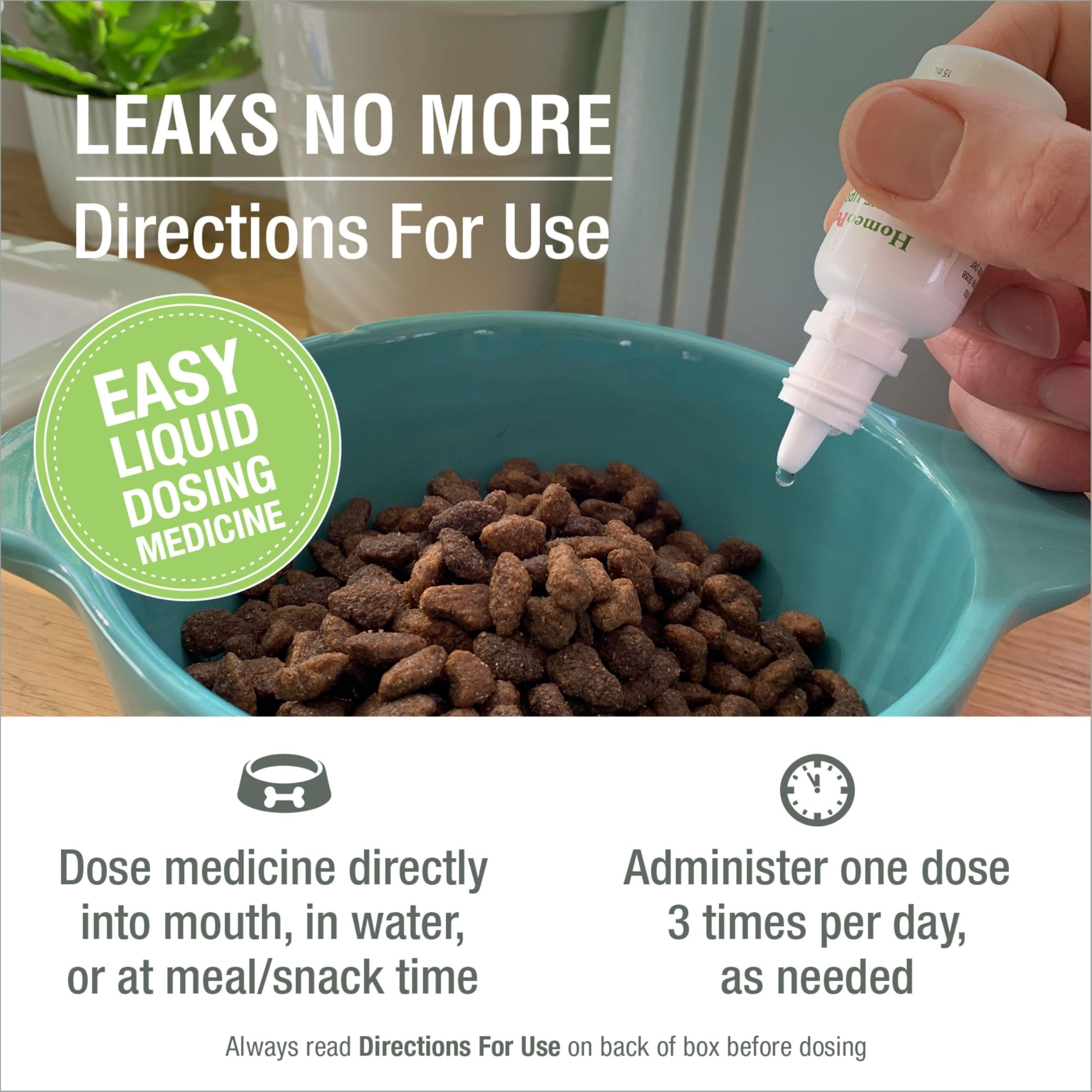 HomeoPet Leaks No More packaging display communicates family-owned quality and care.