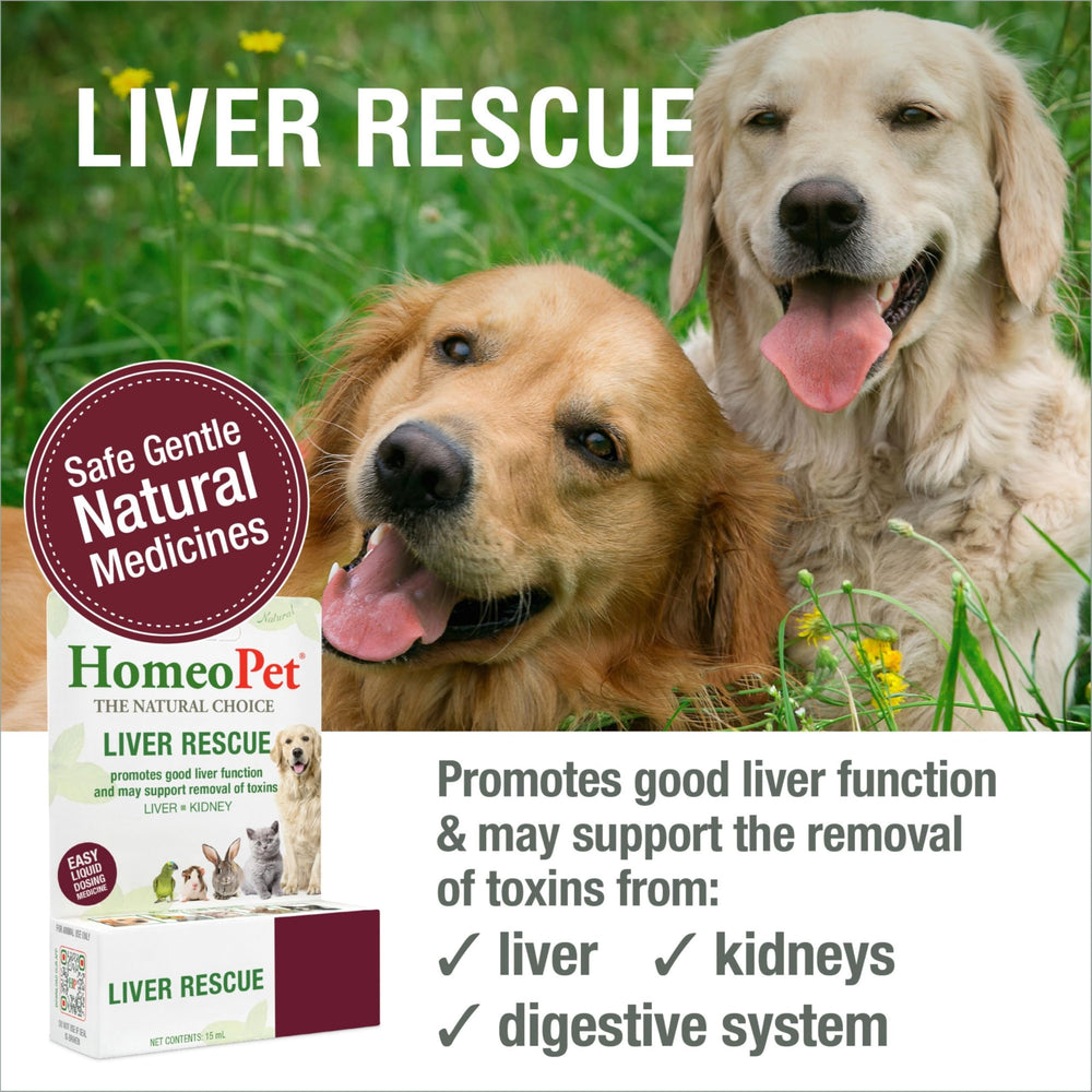 HomeoPet Liver Rescue bottle back highlights safe, natural ingredients for pets.