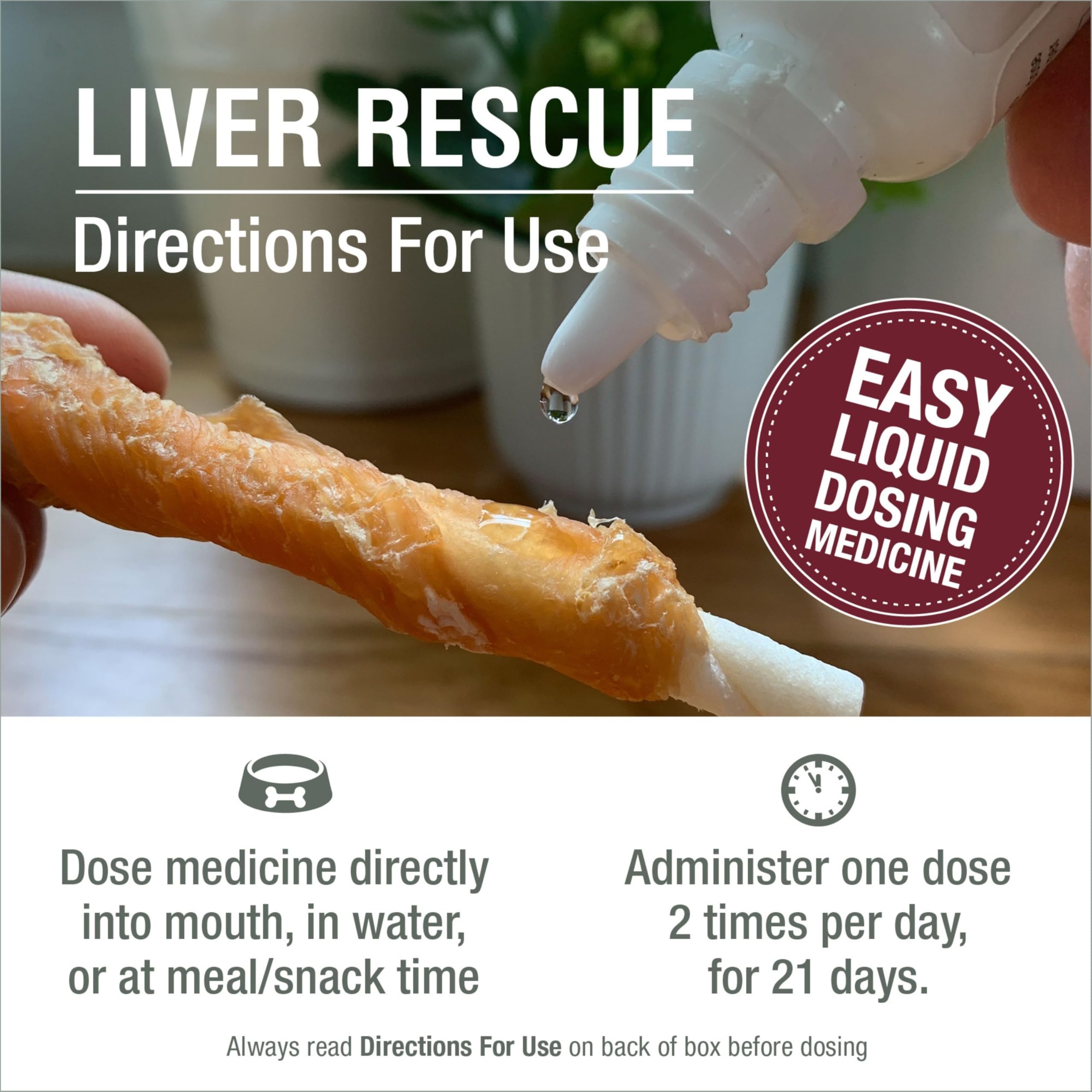 HomeoPet Liver Rescue packaging label highlights bottle size and usage guidance.