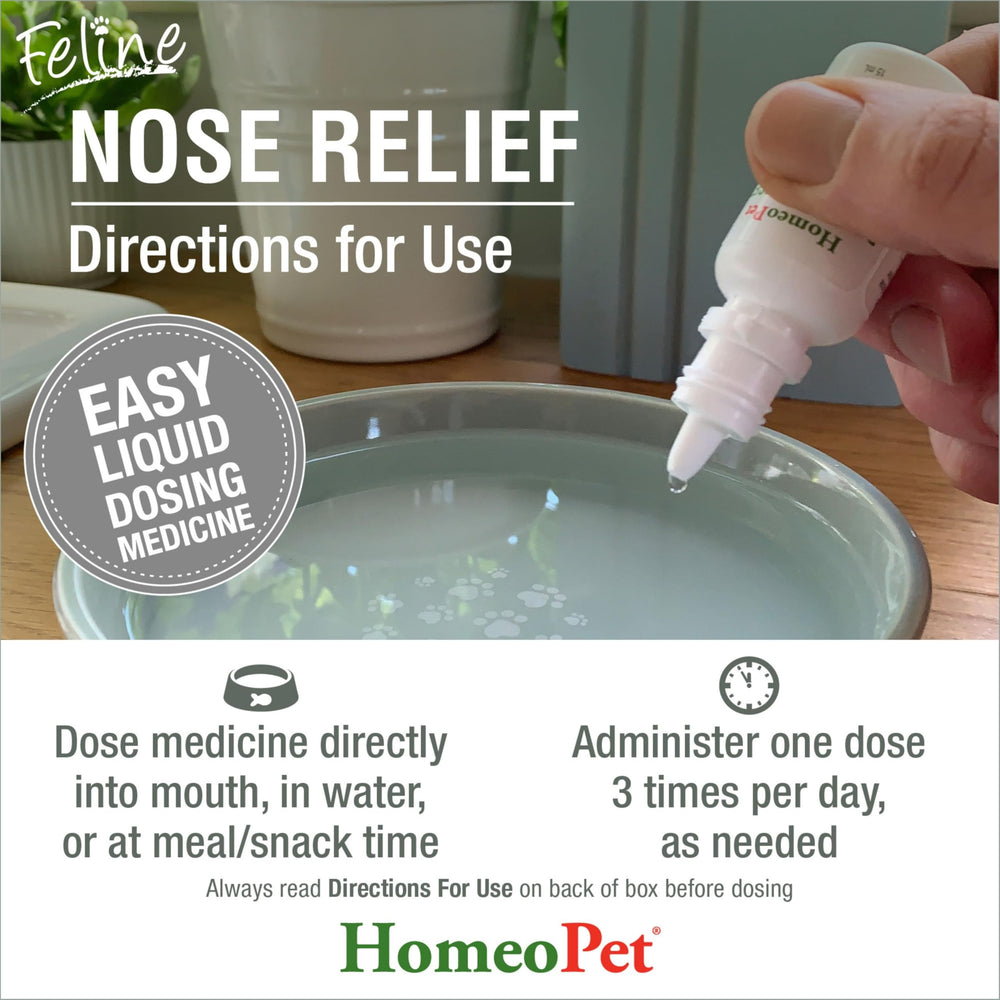 HomeoPet Nose Relief dropper beside water for versatile dosing.
