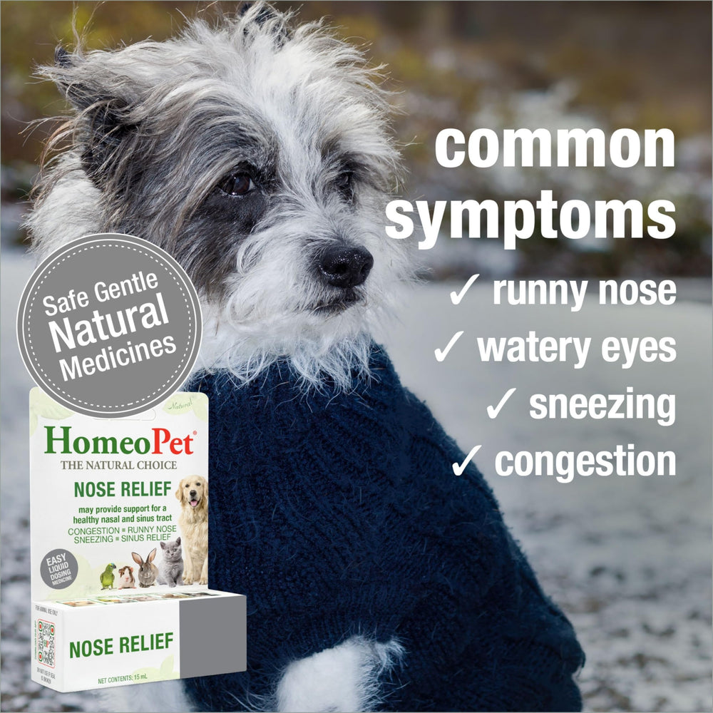 HomeoPet Nose Relief label closeup highlights natural formula