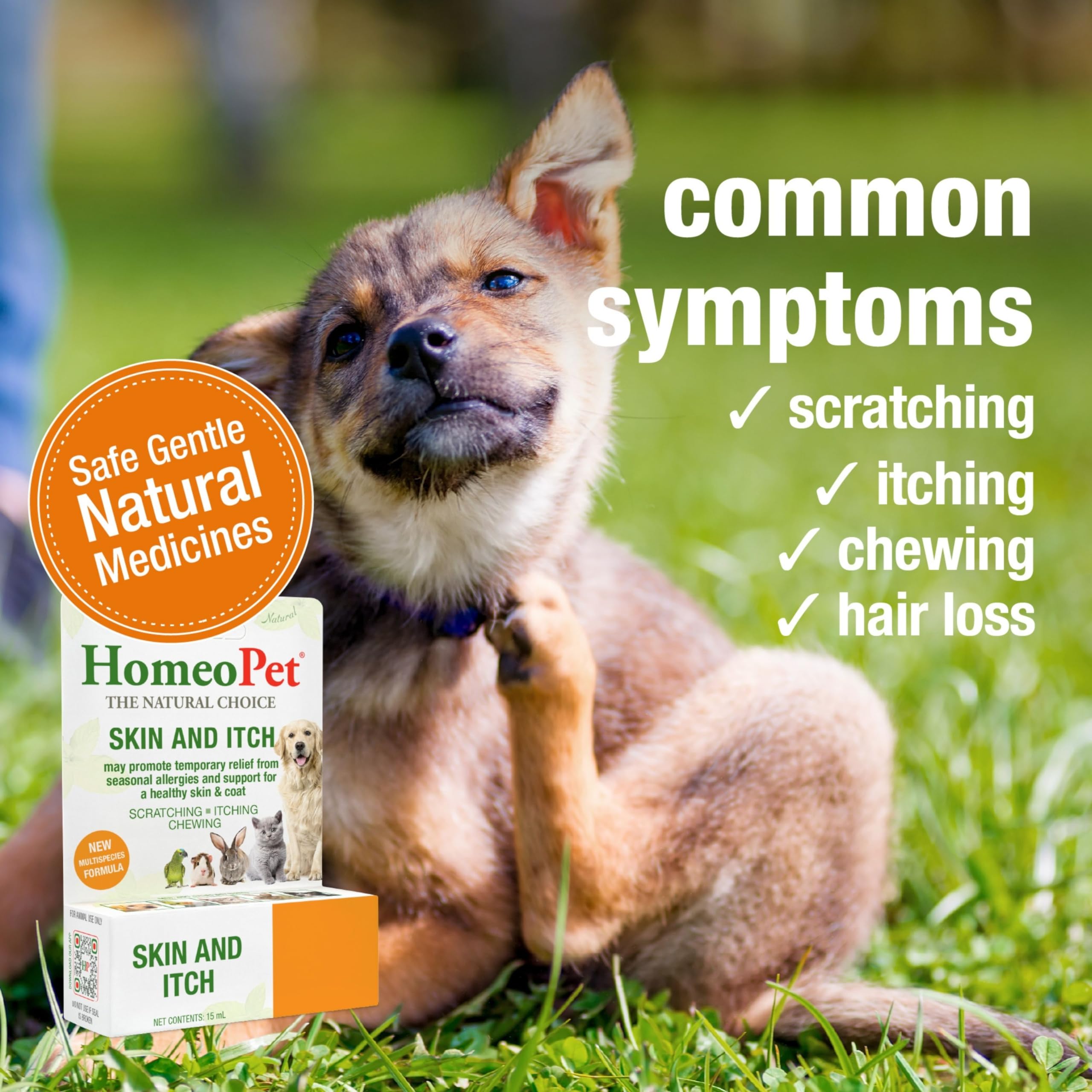 HomeoPet Skin and Itch dropper dispense demonstrates quick application for acute itching.