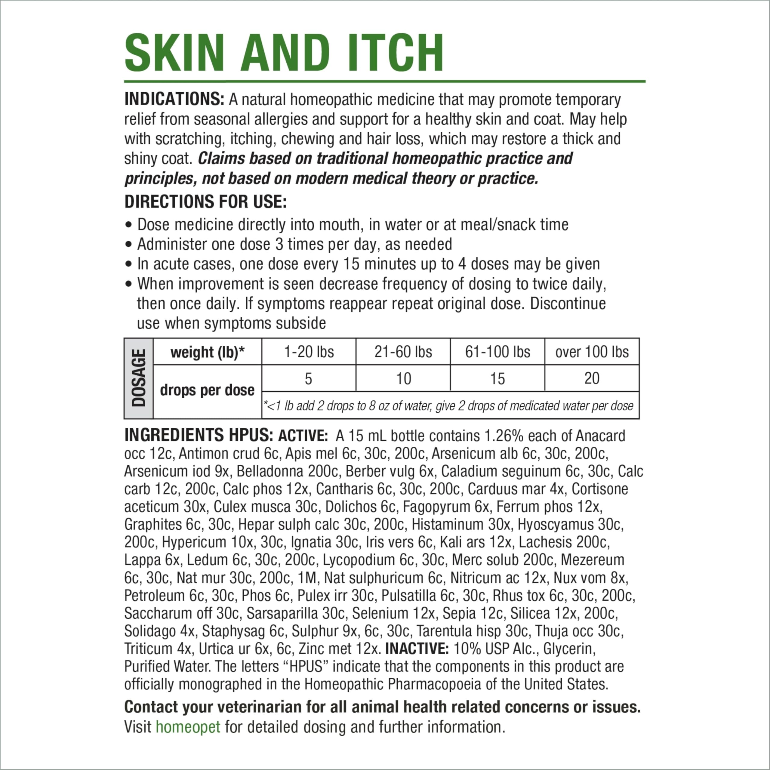 HomeoPet Skin and Itch safe ingredients visual appeals to pet parents.