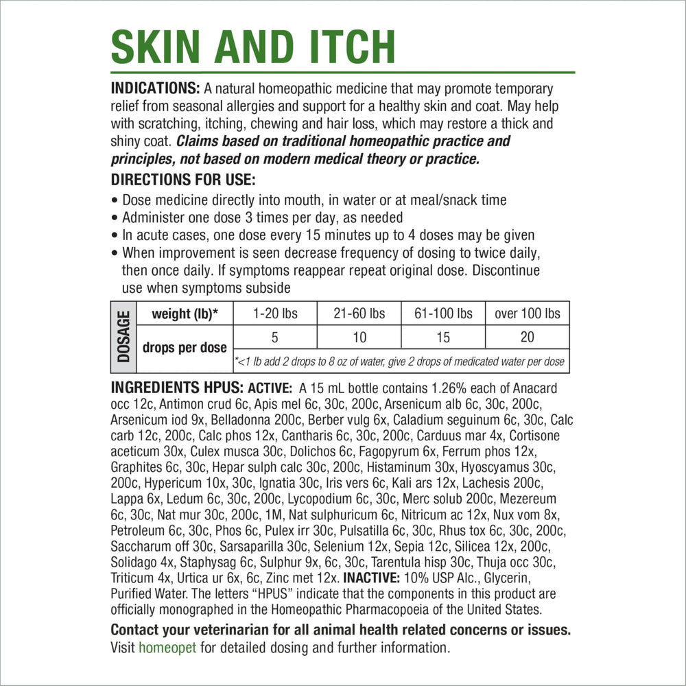 HomeoPet Skin and Itch safe ingredients visual appeals to pet parents.
