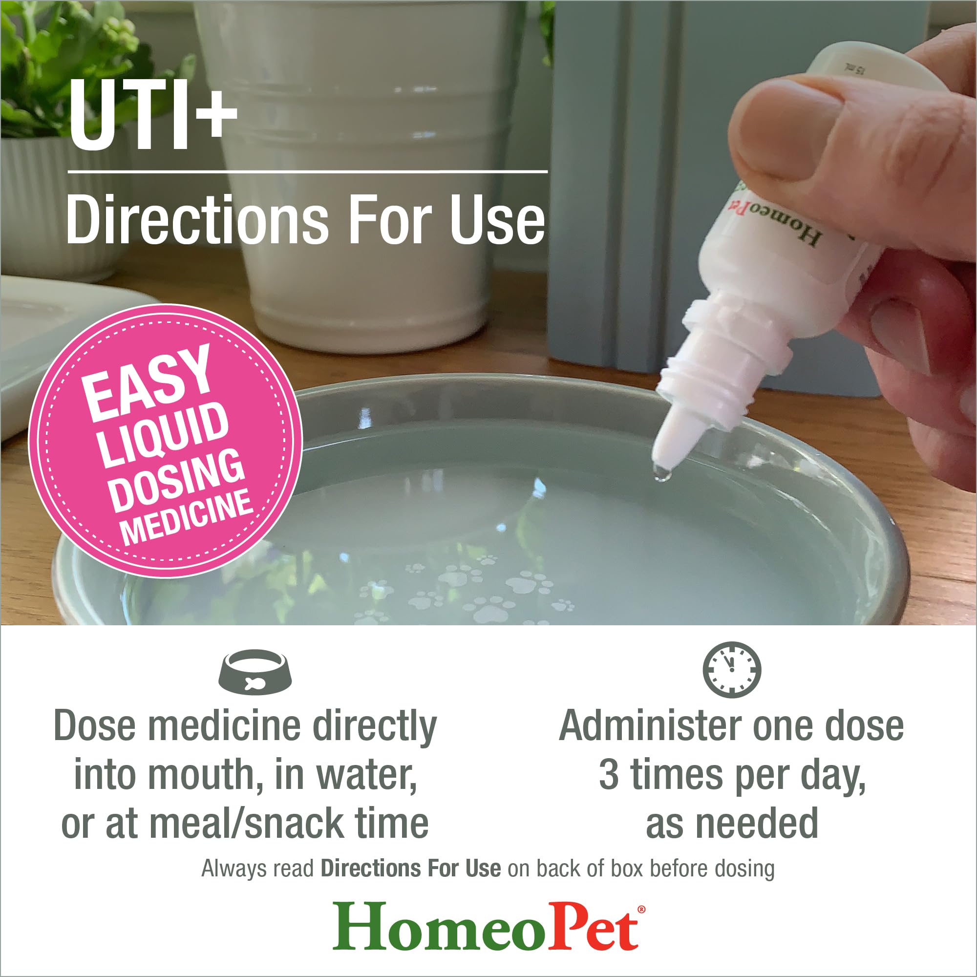 HomeoPet UTI+ into-water image demonstrates adding to drinks.