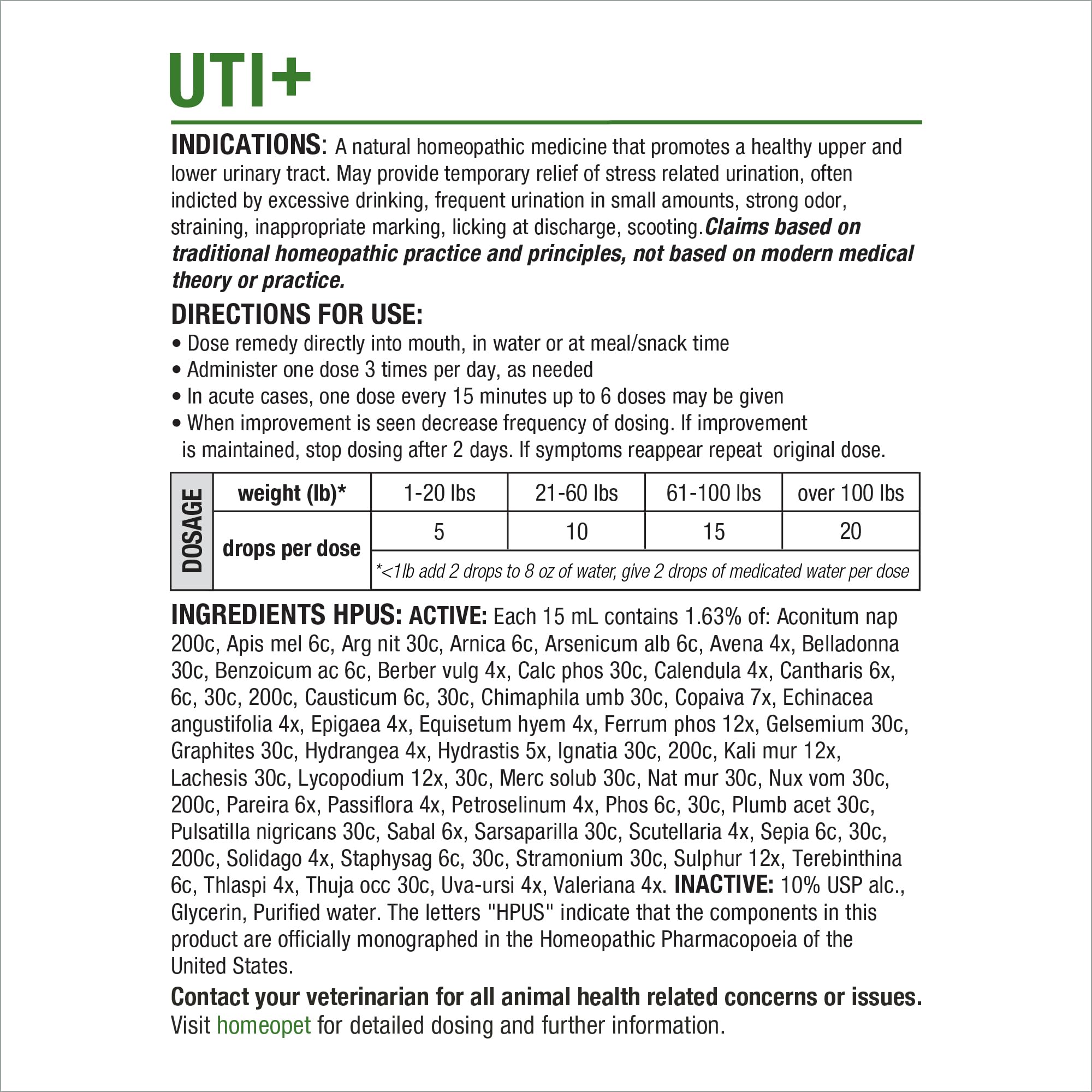 HomeoPet UTI+ mouth-dose shows direct administration convenience.