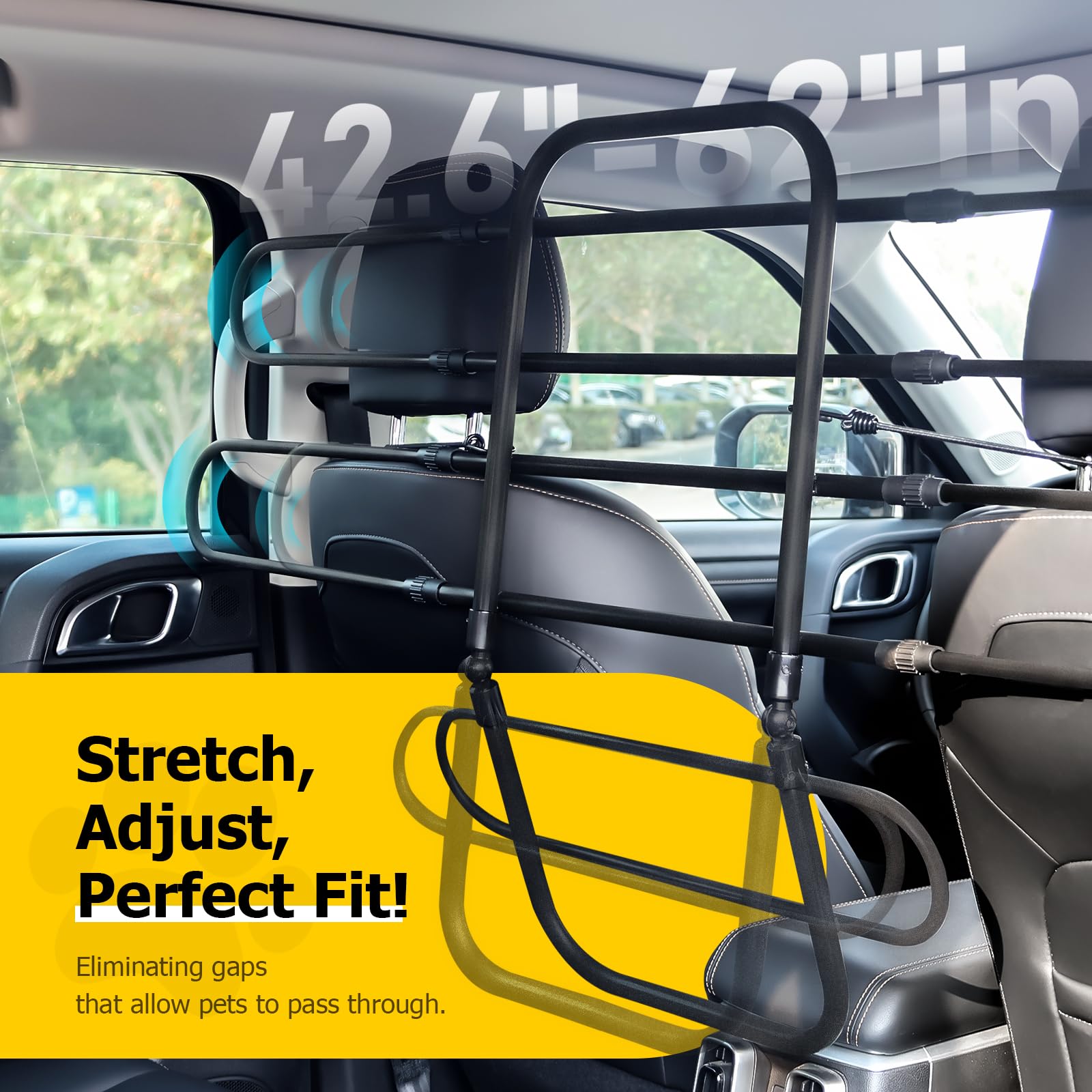 HOMEPEDIA barrier installed between front seats prevents pet distractions while driving.