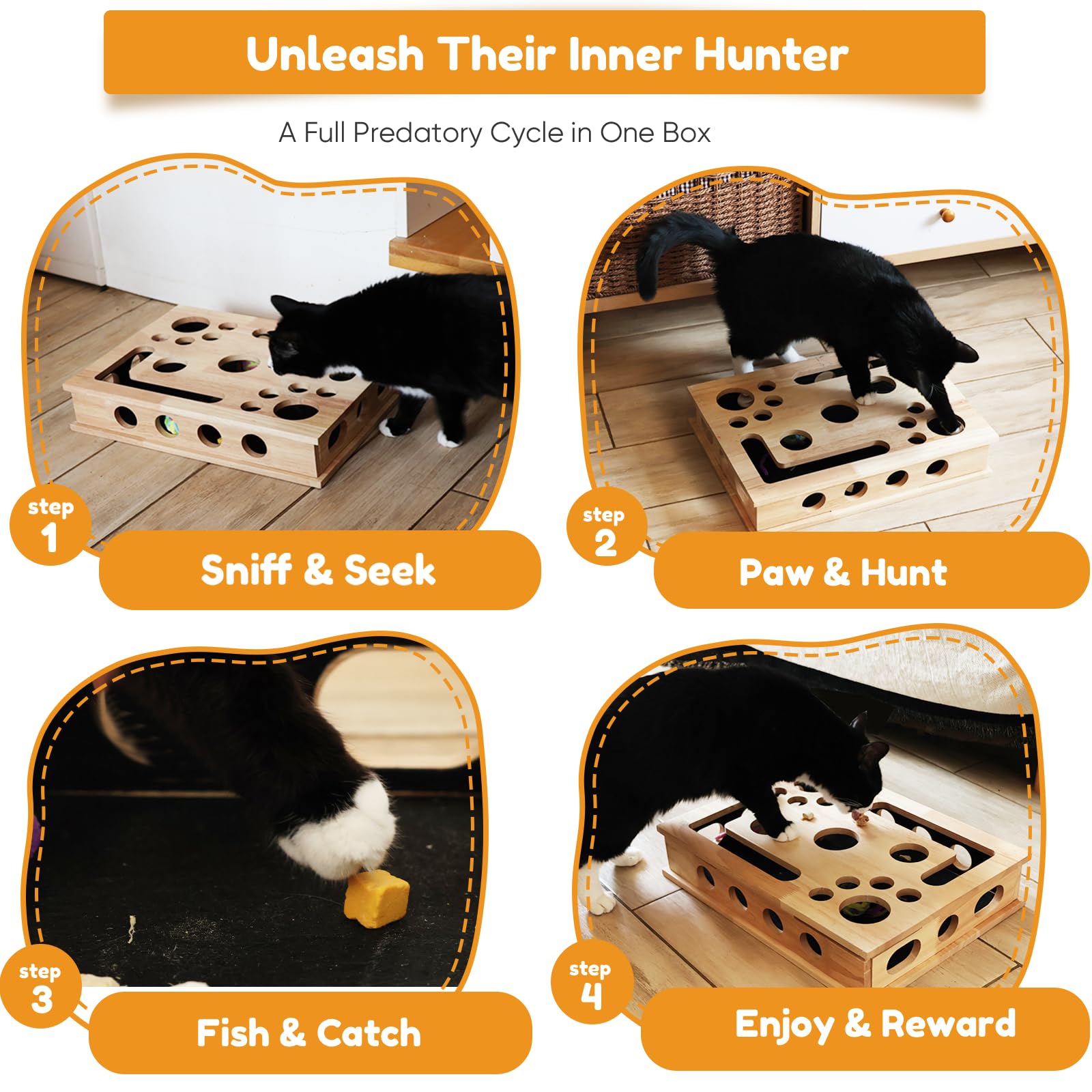 HOMEPEDIA hunting-instinct stimulation encourages sniffing and pouncing at home.