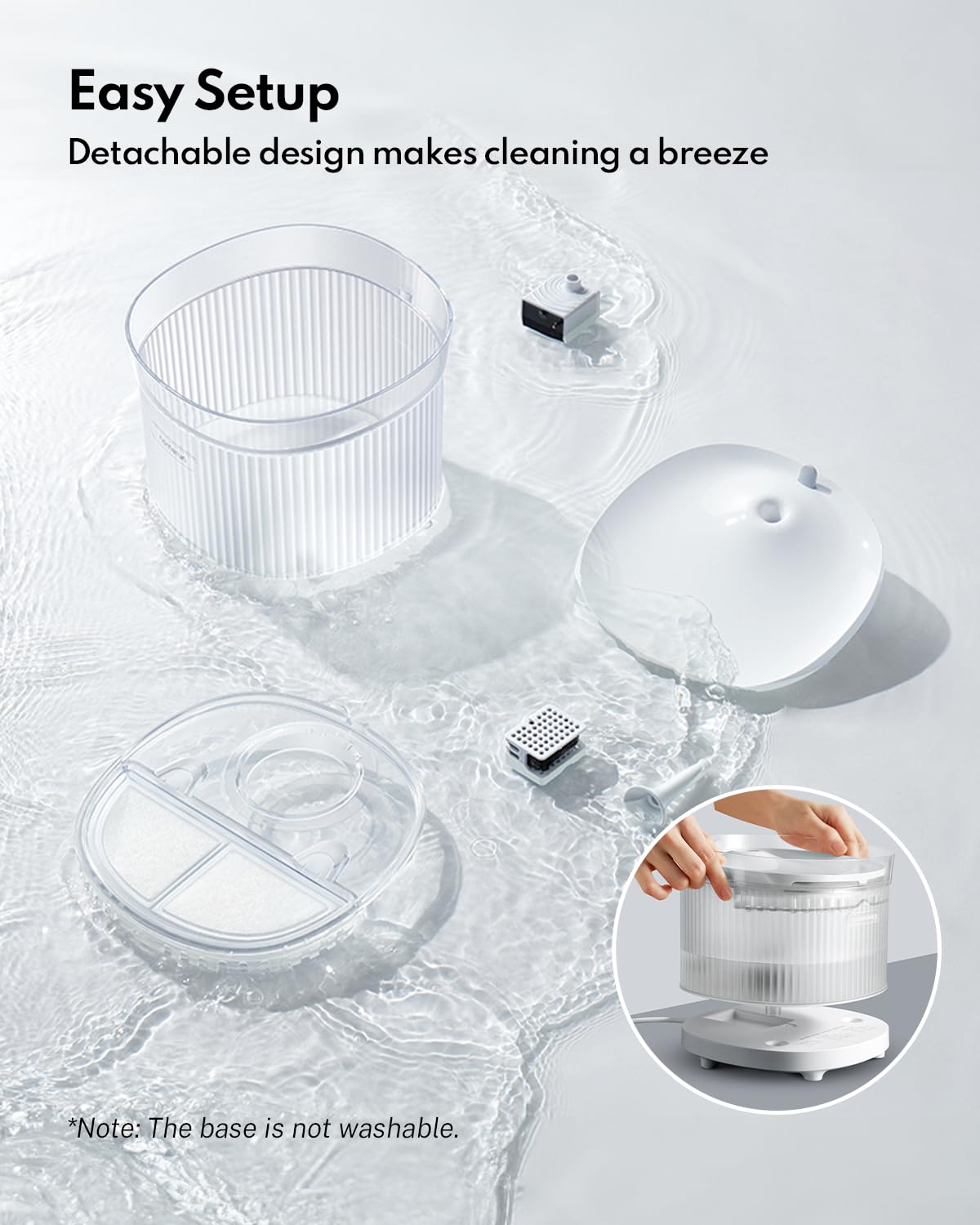 HomeRunPet water fountain wireless design keeps electricity away from water for safety.