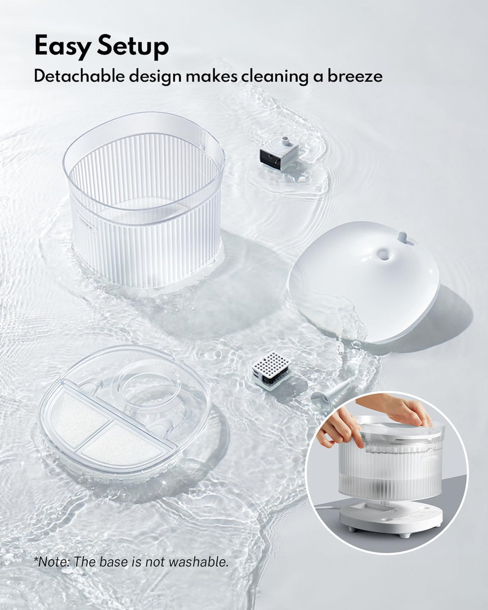 HomeRunPet water fountain wireless design keeps electricity away from water for safety.