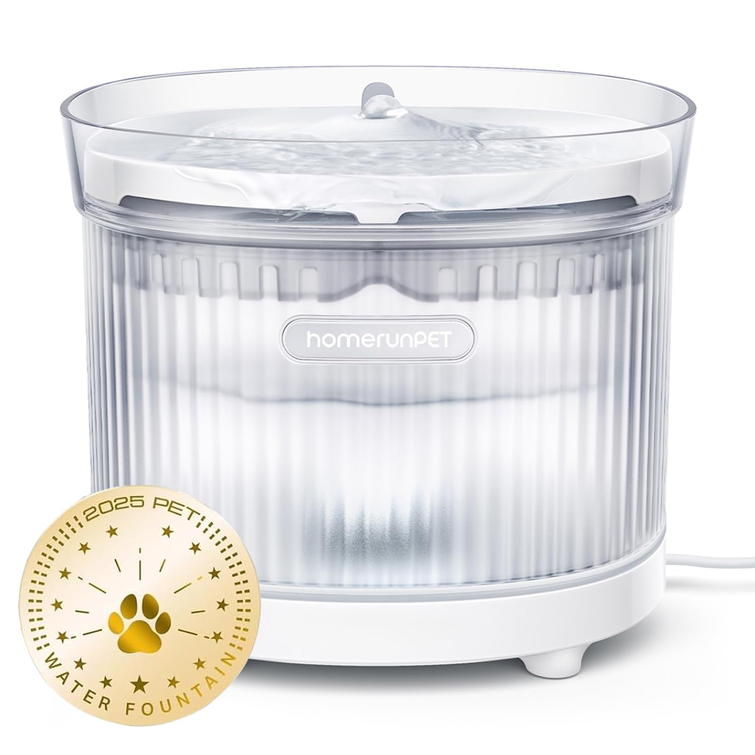 HomeRunPet cat water fountain pump shown with whisper-quiet operation for steady hydration.