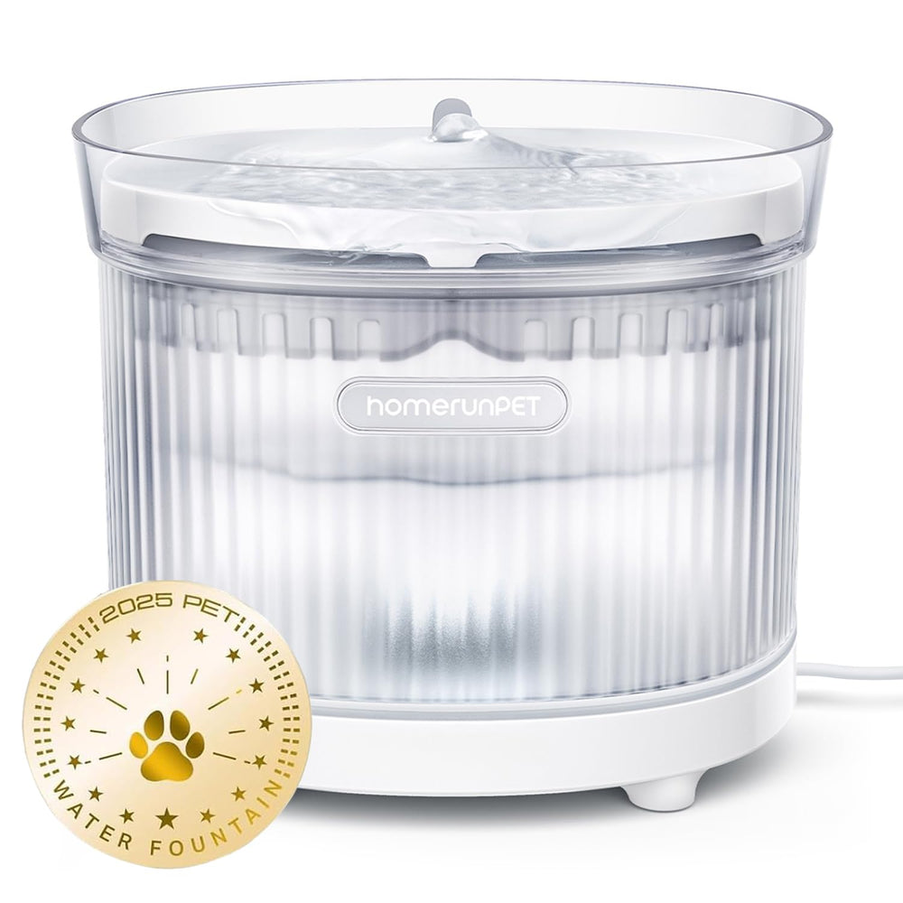 HomeRunPet cat water fountain pump shown with whisper-quiet operation for steady hydration.