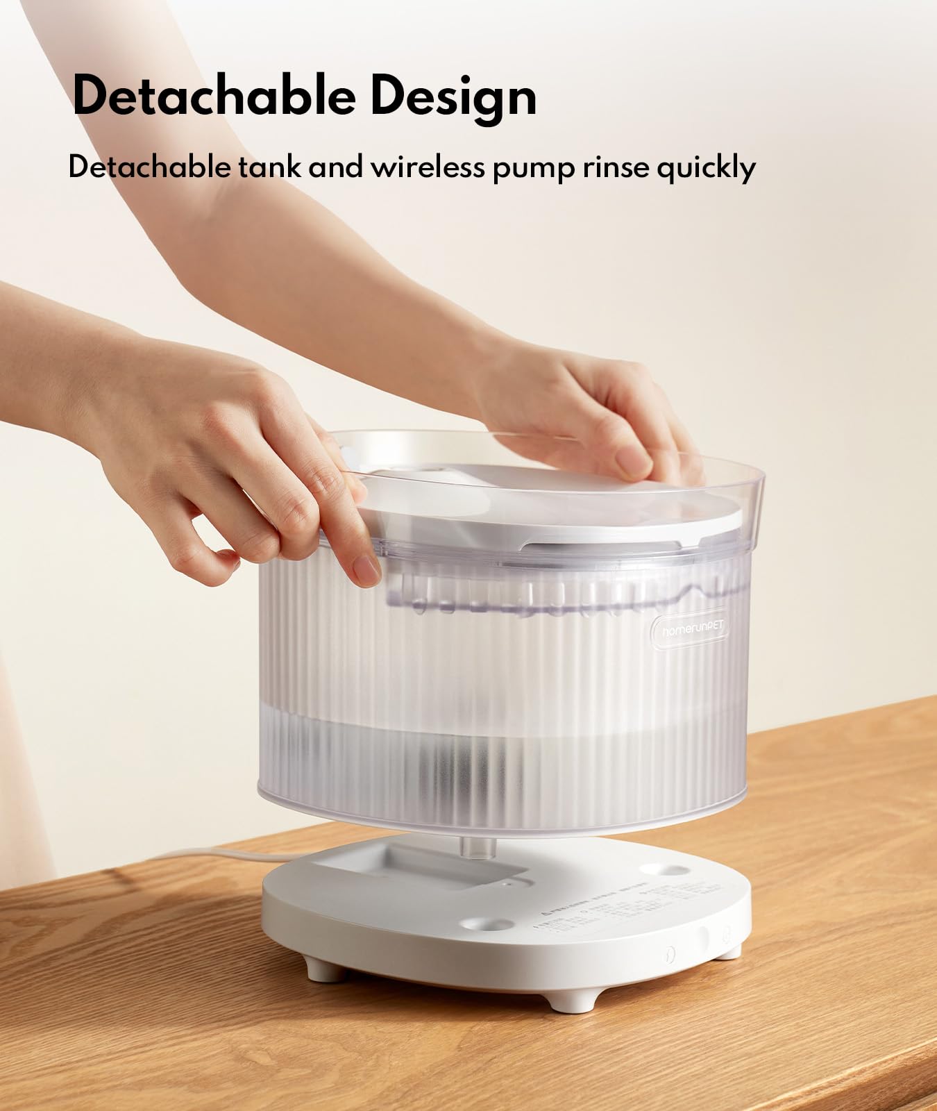 HomeRunPet transparent tank close-up; monitor water levels for reliable pet hydration.