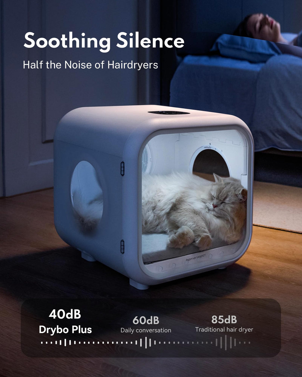 HomeRunPet Drybo Plus ultra-quiet operation supports peaceful pets throughout