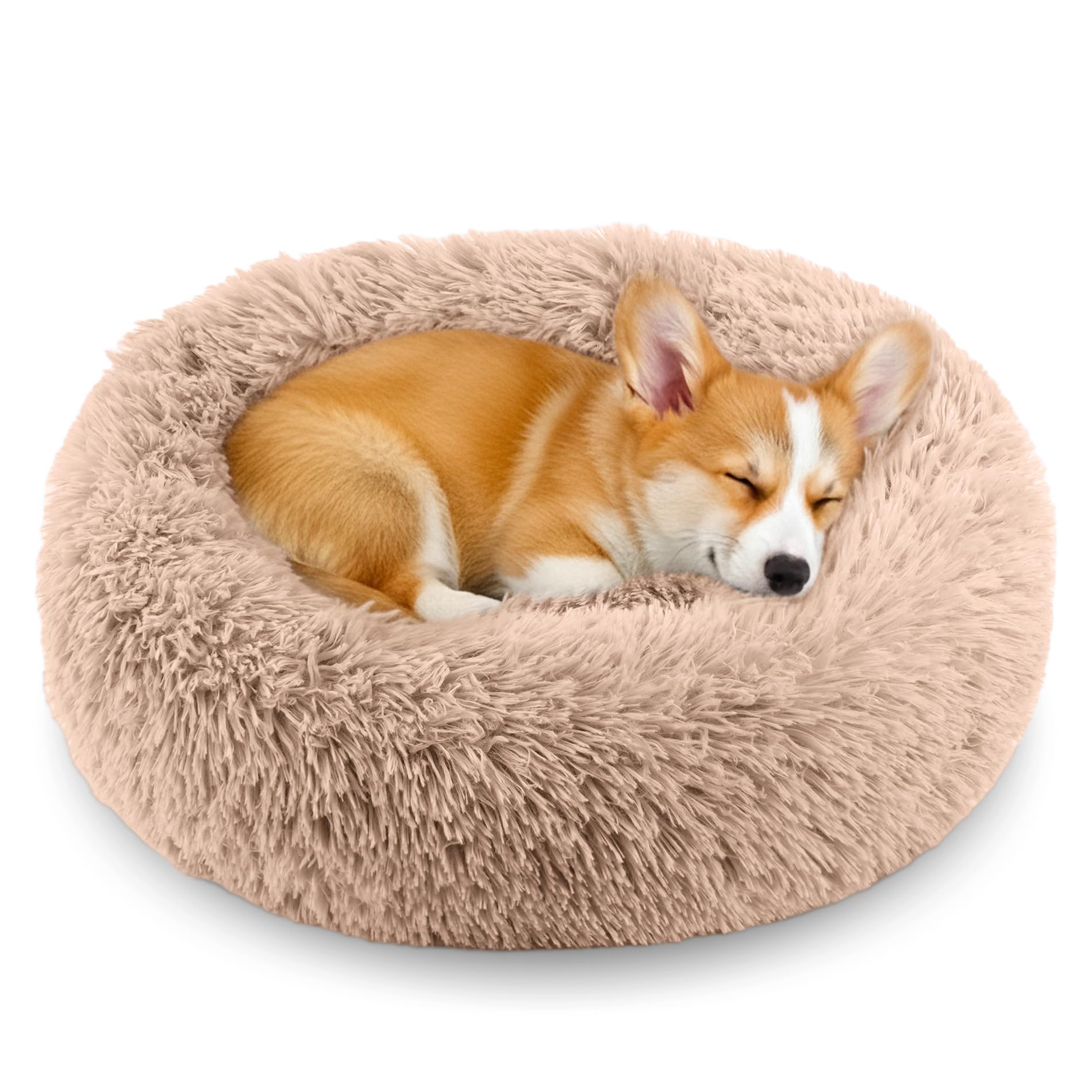 Homeuslynn Calming Donut Bed camel close-up fabric showing plush warmth for cozy naps.
