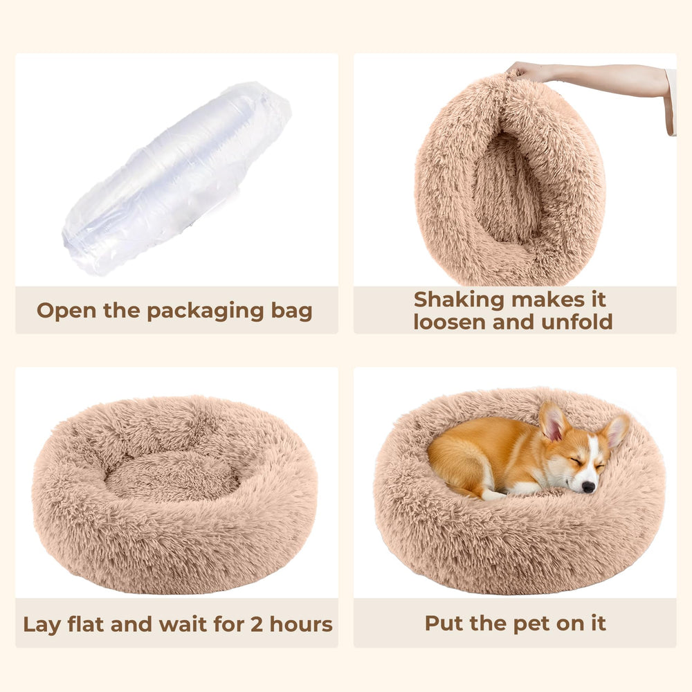 Homeuslynn Calming Donut Bed camel in-use setup for cozy indoor use.