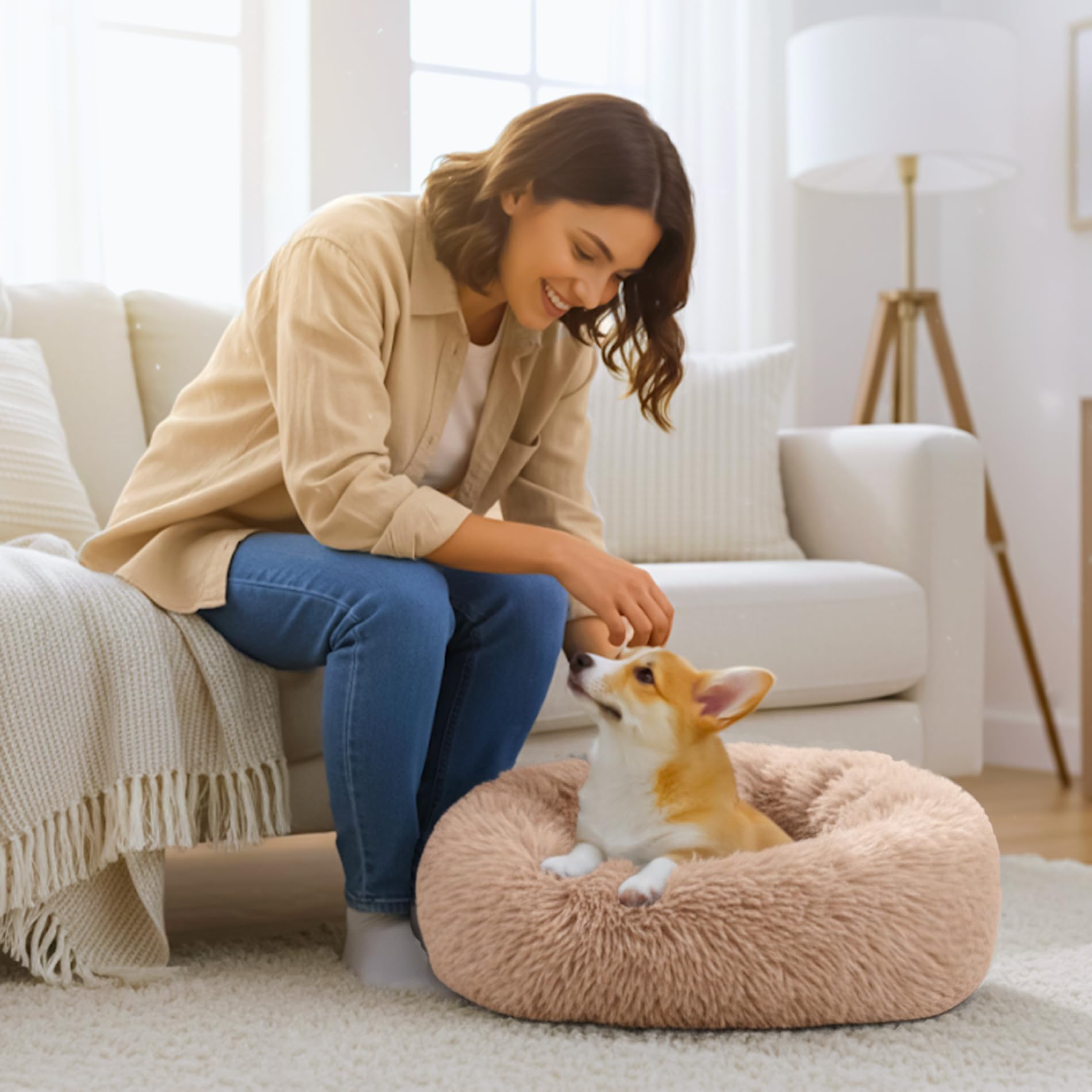 Homeuslynn Calming Donut Bed camel pet snuggling moment for cats or small dogs.