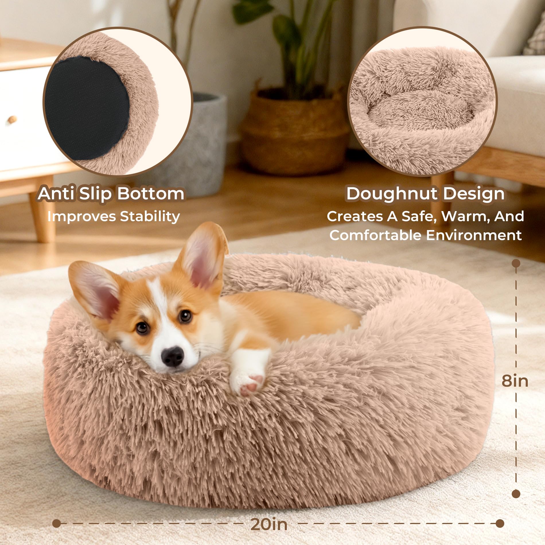 Homeuslynn Calming Donut Bed camel raised bolster supports neck during rest.