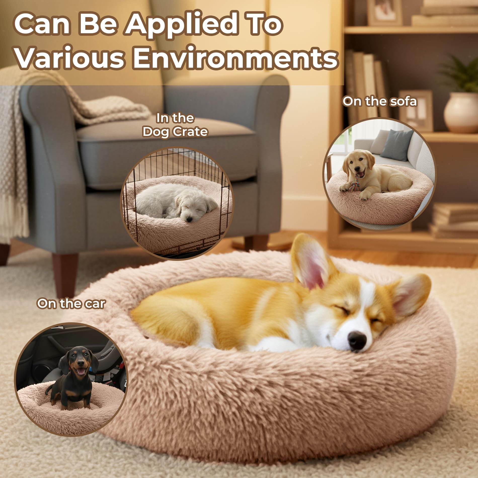 Homeuslynn Calming Donut Bed camel easy-clean washable cover for quick maintenance.