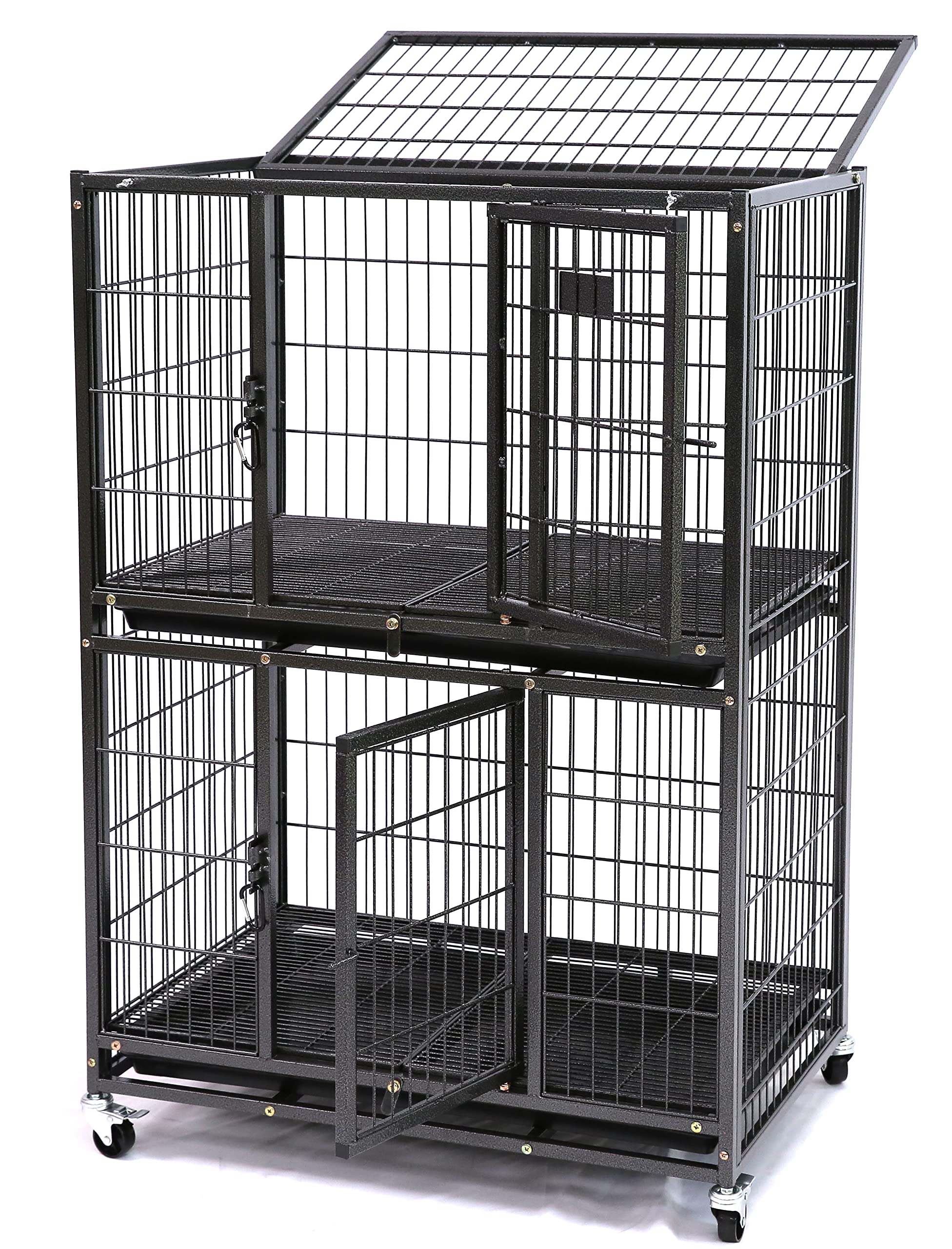 Homey Pet 31-Inch Two-Tier crate side view shows stable confinement for small dogs.
