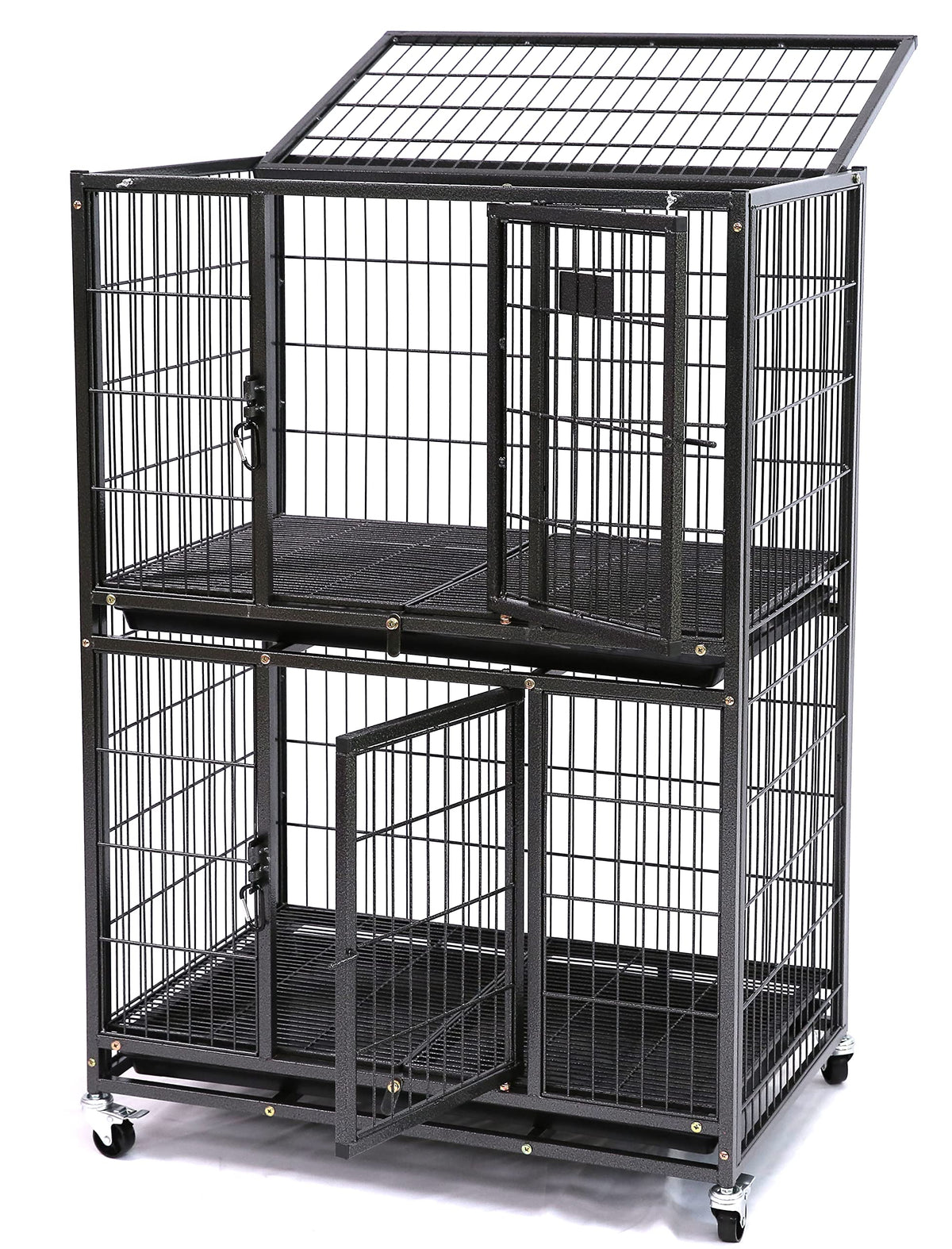 Homey Pet 31-Inch Two-Tier crate side view shows stable confinement for small dogs.