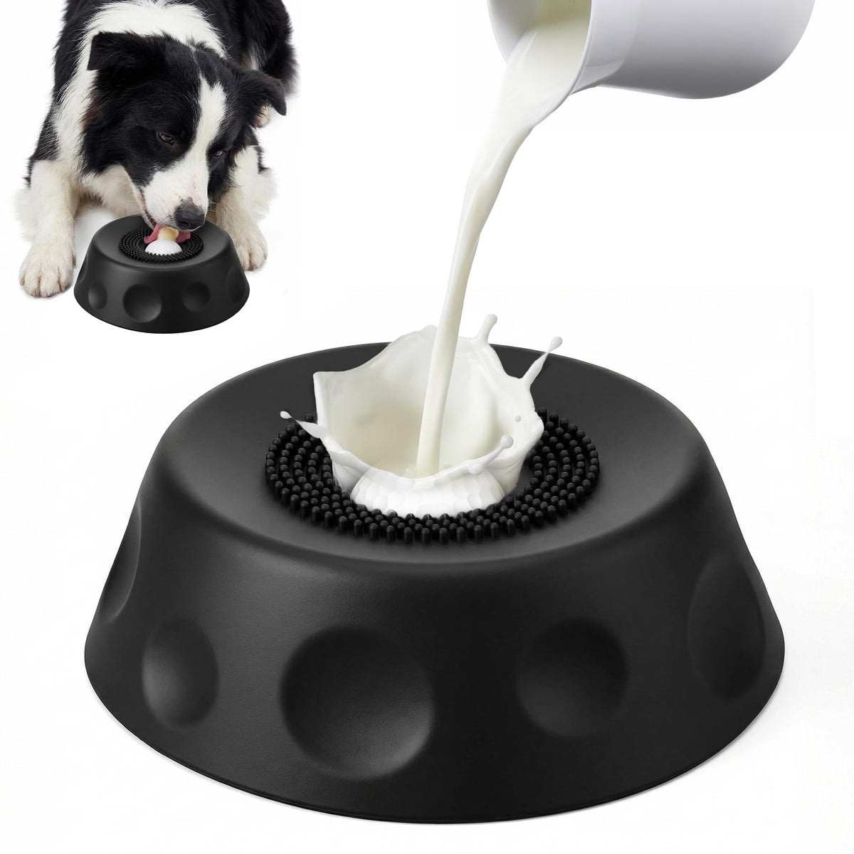 Homgaty dog licking bowl with rolling ball demonstrates slow feeding in action.