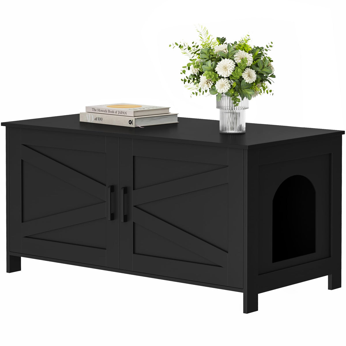 Homhedy cat litter box enclosure front view with discreet barn-door design for a tidy look