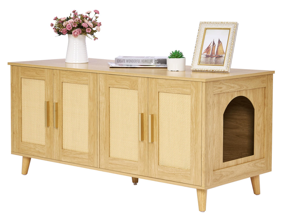 Homhedy boho cat litter box enclosure with double doors for two-cat use.