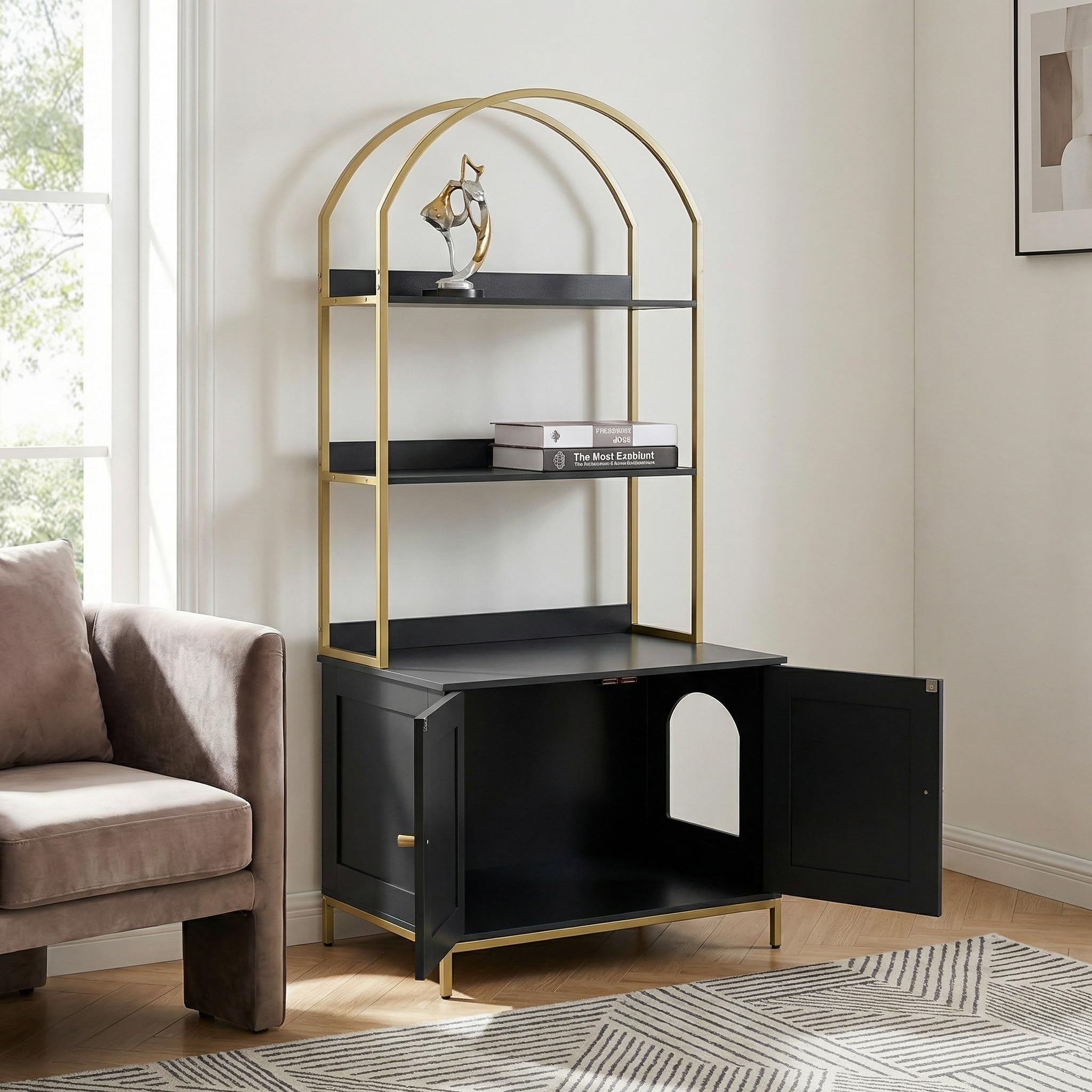 Homhedy black-gold detail cabinet enhances decor while concealing the litter area.