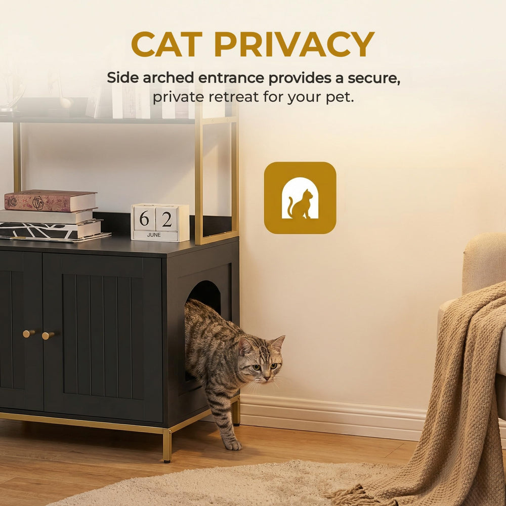 Homhedy metal-framed enclosure highlights modern black and gold details.
