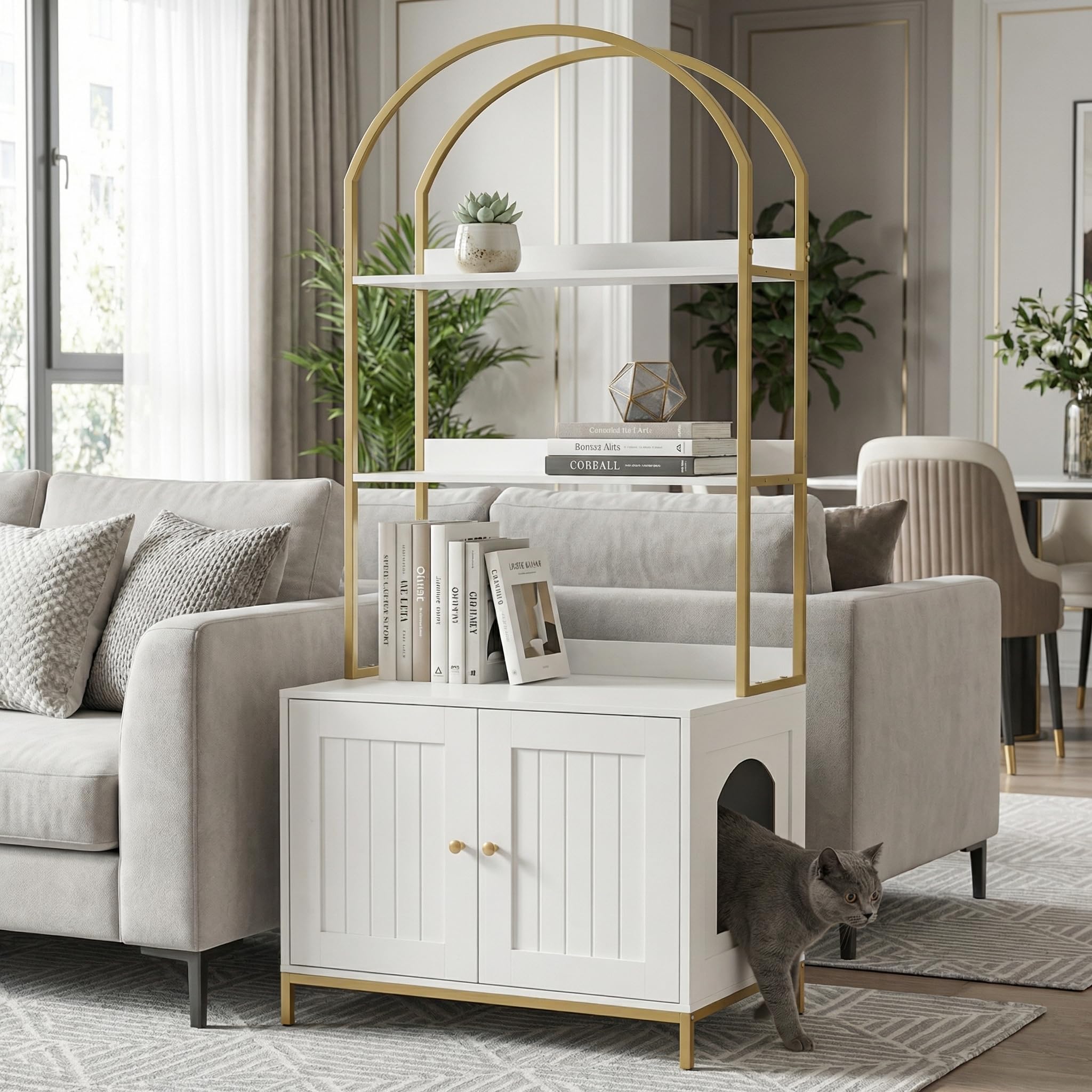 Homhedy cat litter box enclosure modern design with white finish and gold trim