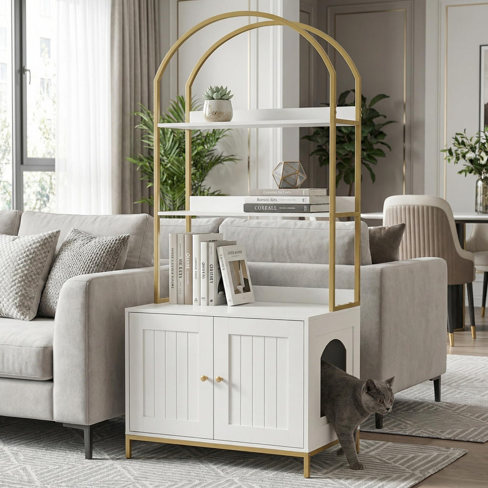 Homhedy cat litter box enclosure modern design with white finish and gold trim