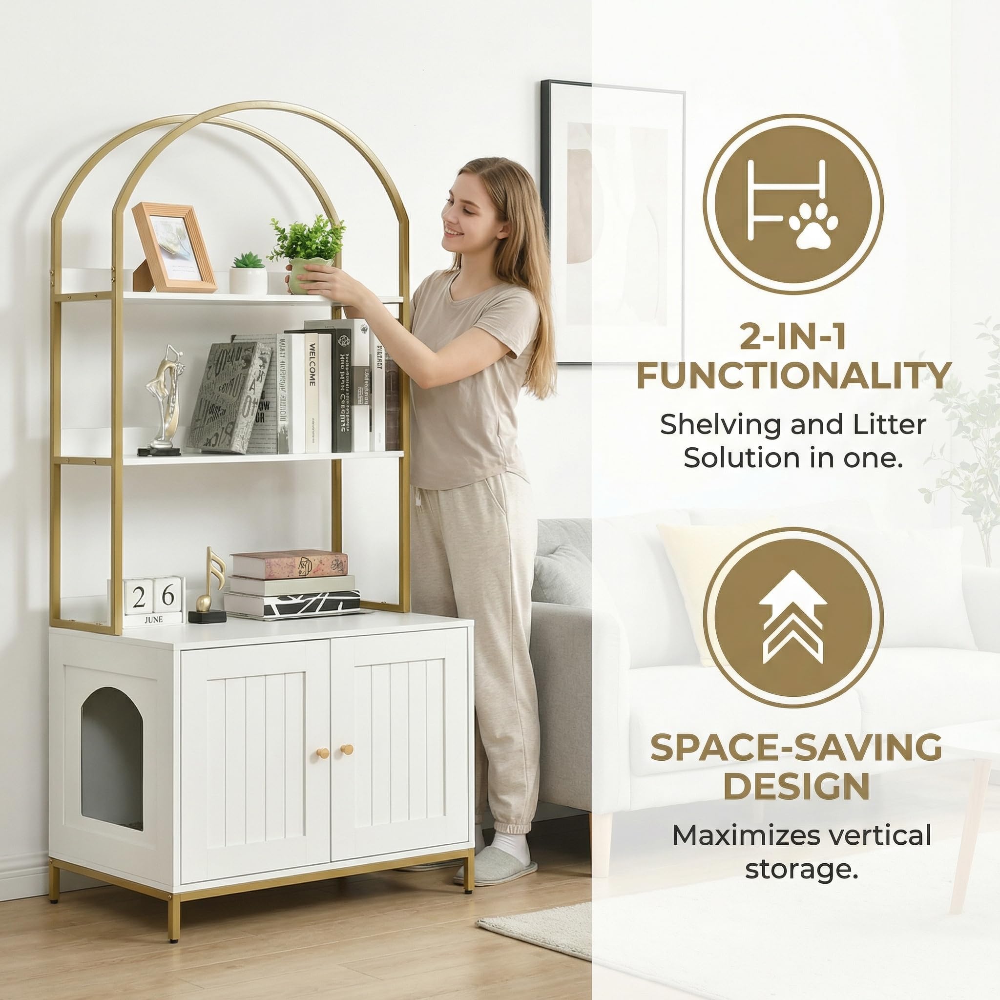Homhedy cat litter box enclosure top shelf with storage for scoops and supplies