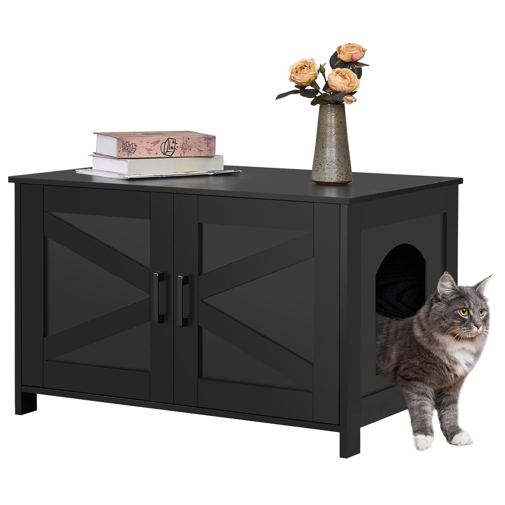Homhedy cat litter-box enclosure with wooden barn door keeps litter concealed and tidy