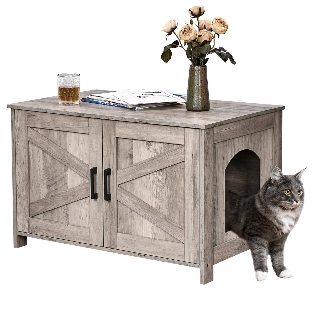 Homhedy cat litter box enclosure in wood design conceals litter while blending with decor