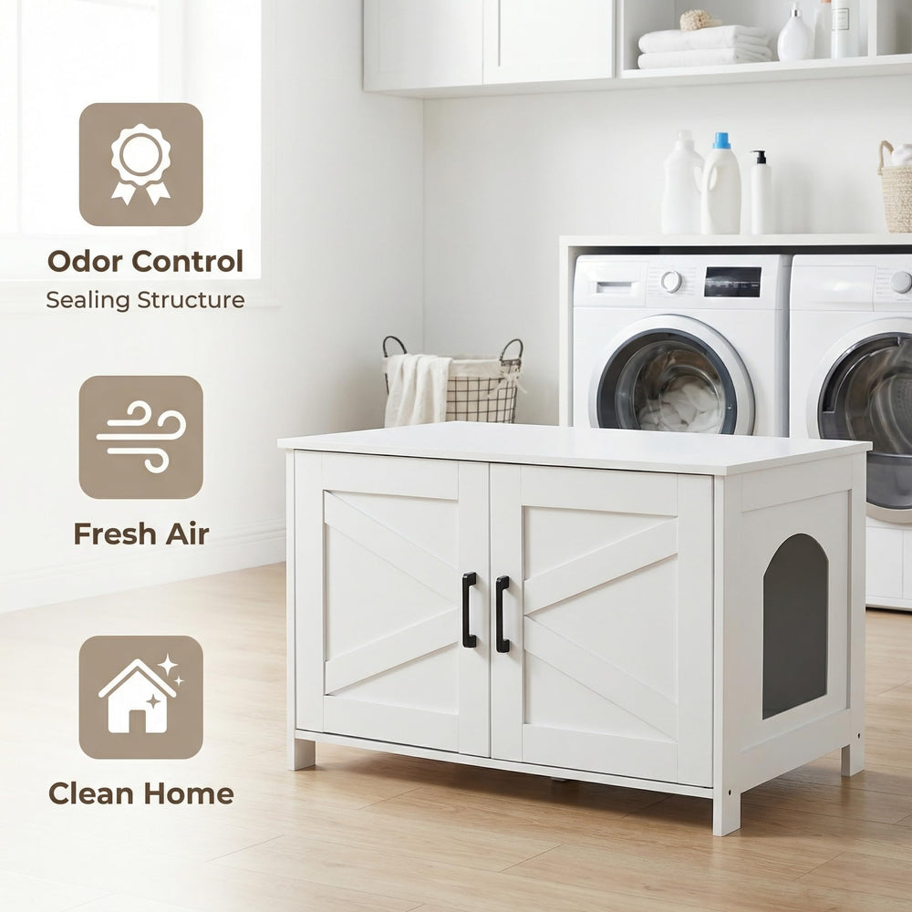 Homhedy cat washroom with barn door keeping odors discreet