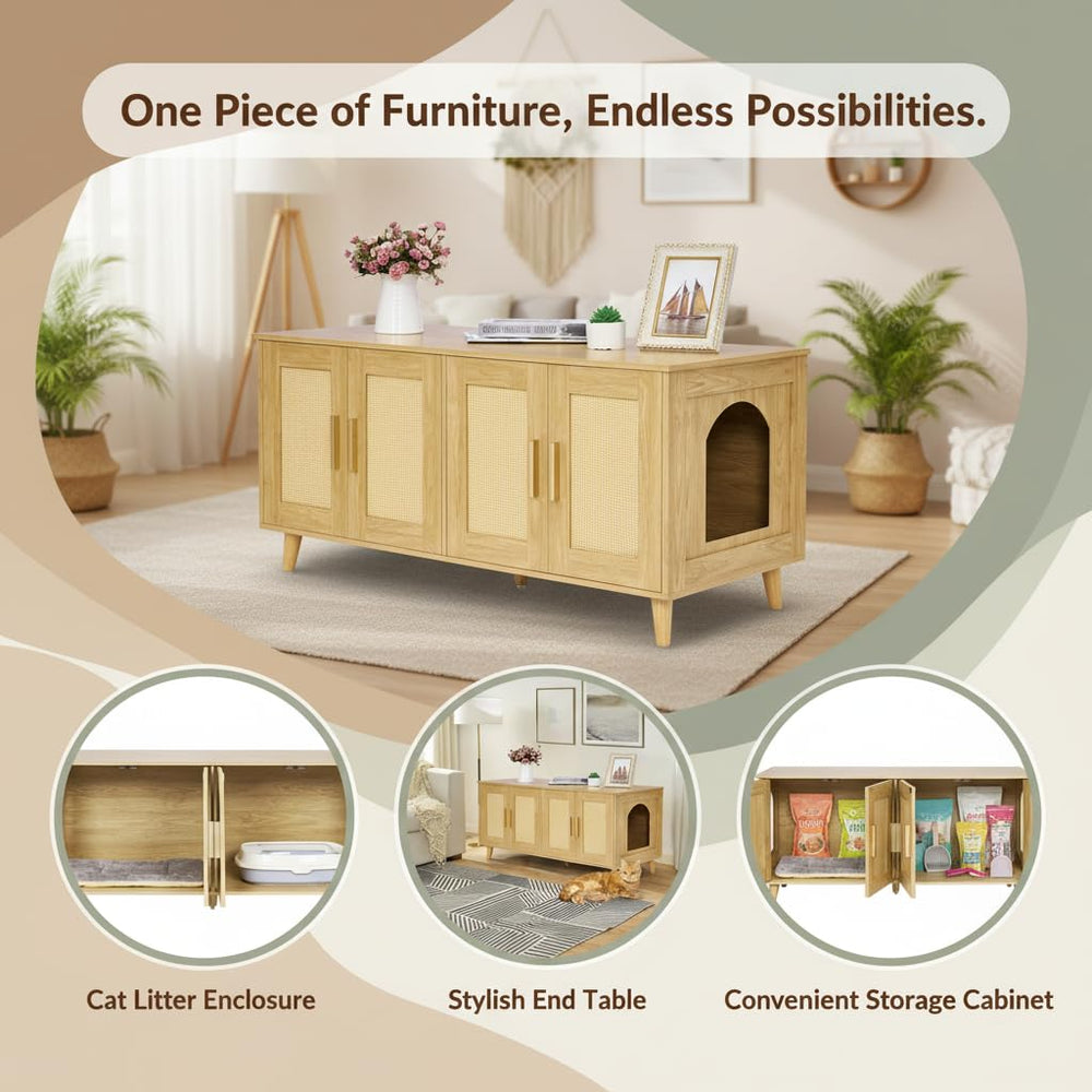 Homhedy cat washroom furniture in natural wood for concealed litter and storage.