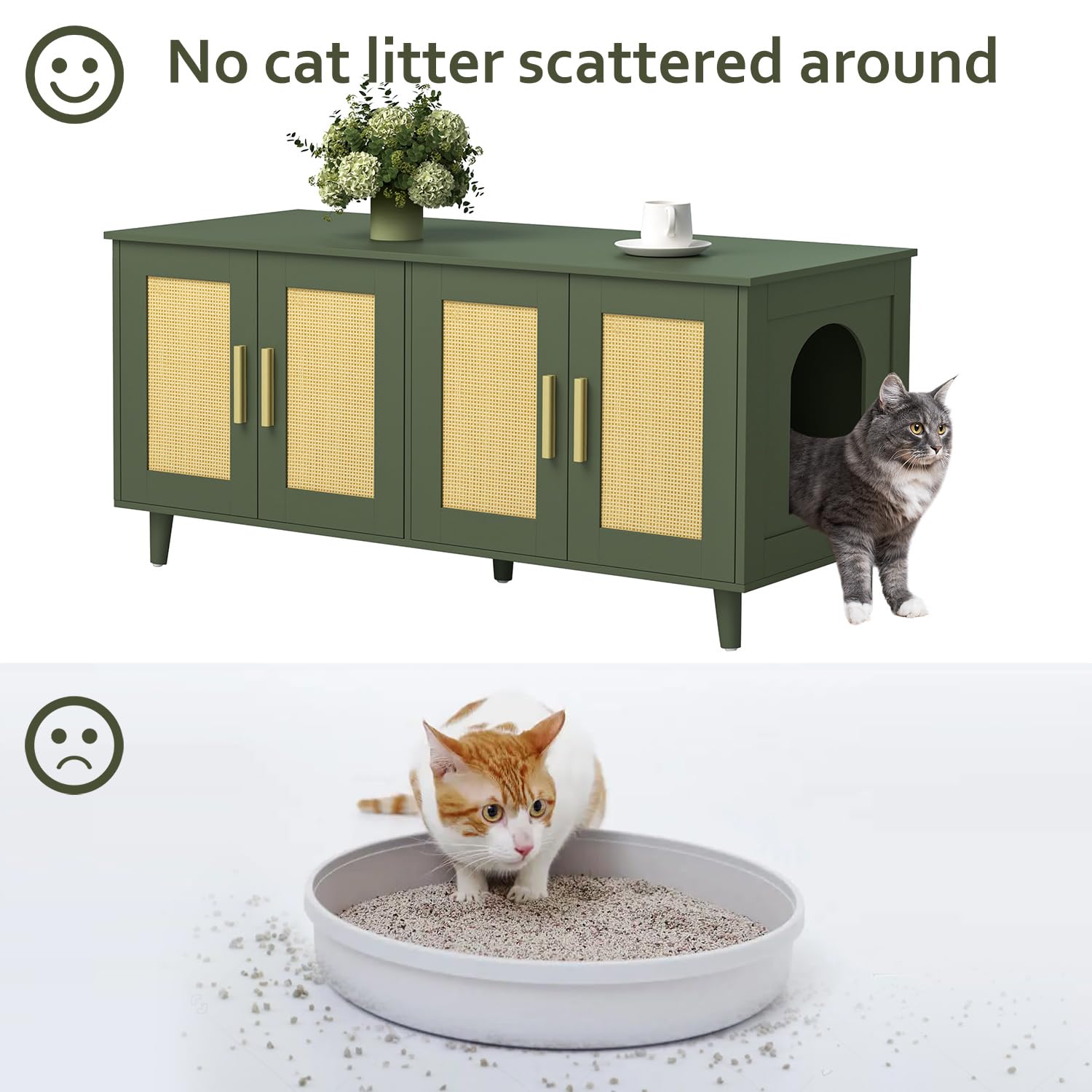 Two spacious cabinets for litter boxes and supplies, neatly organized.