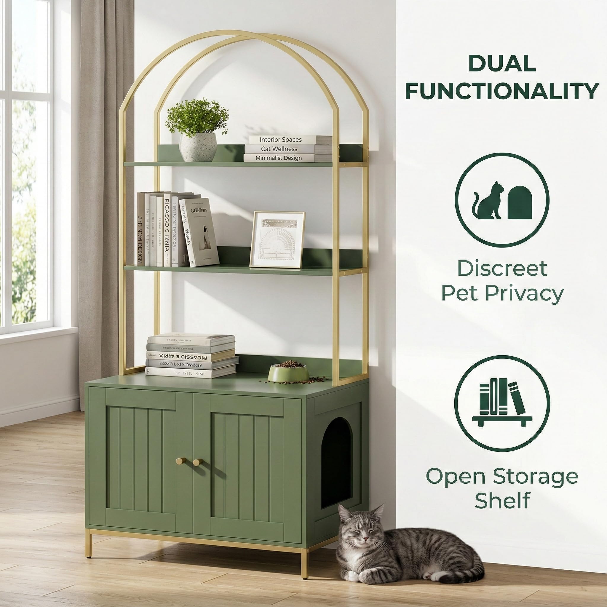 Homhedy cabinet top storage keeps litter scoop and supplies within reach.