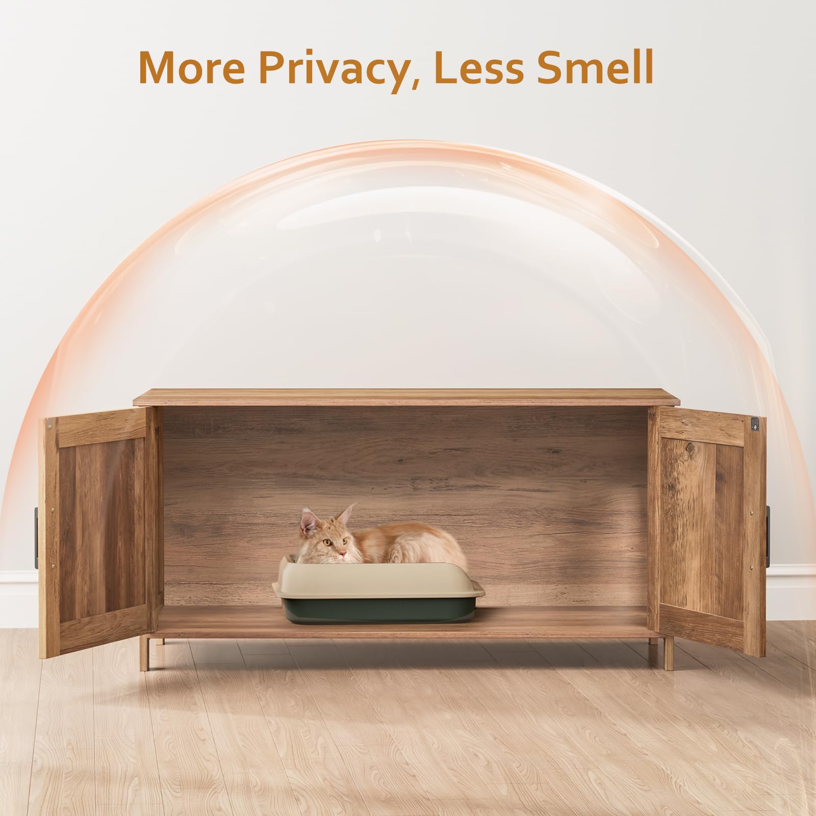 Homhedy wooden cat washroom enclosure side view showing discreet storage.
