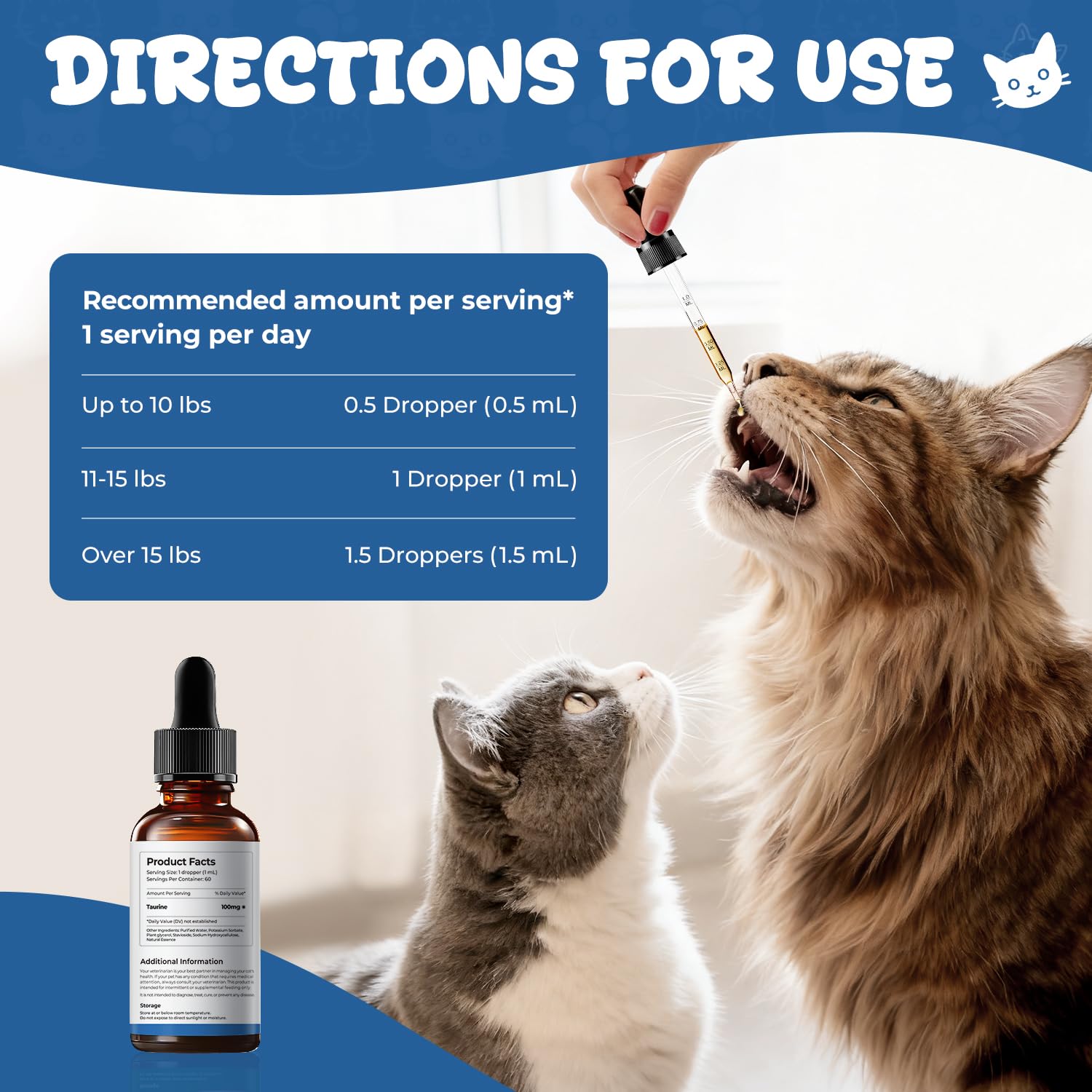 Homibabis taurine liquid drops support cat vision and sensory function with daily use.